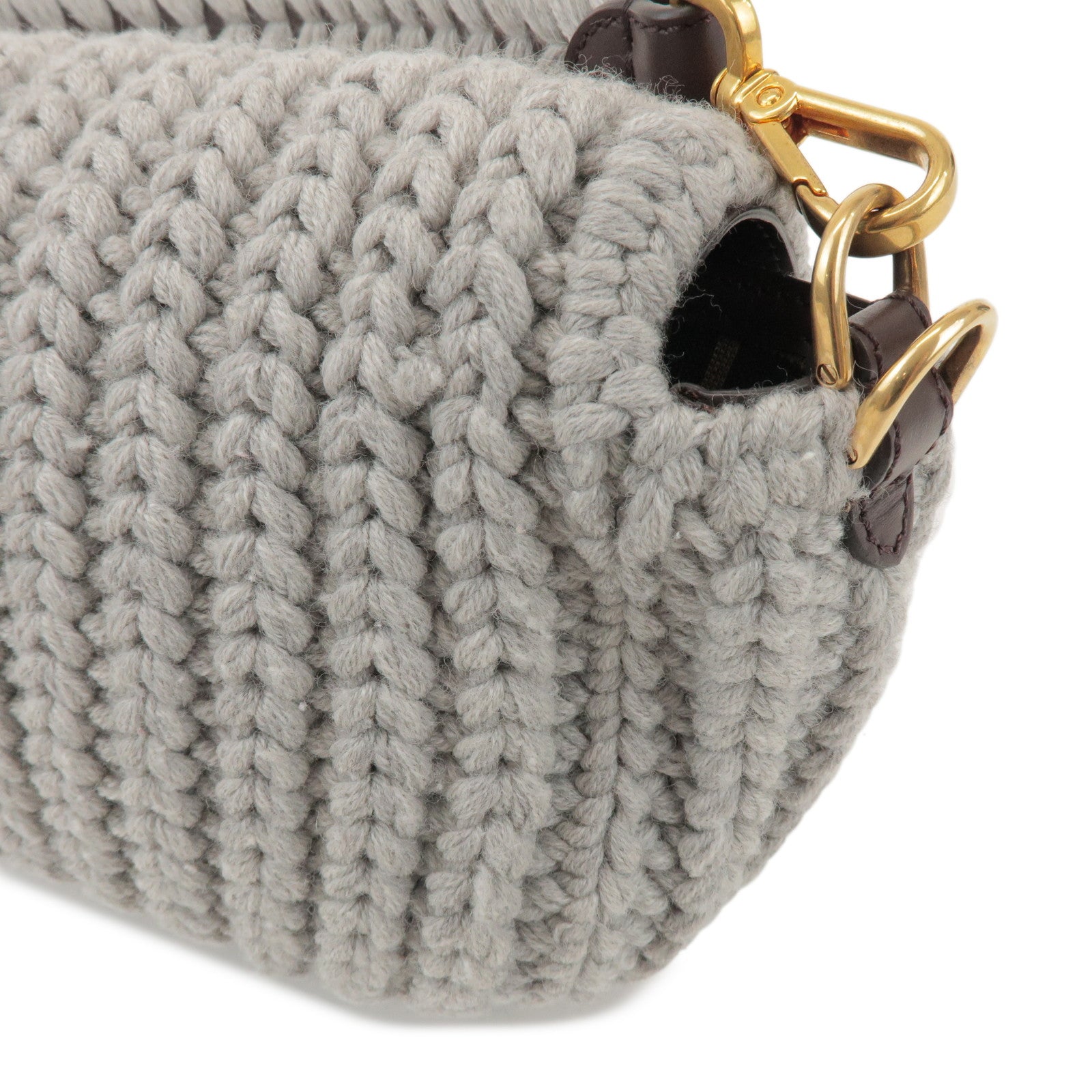 FENDI Zucca Knit Leather 2Way Shoulder Bag Baguette Grey SBR600