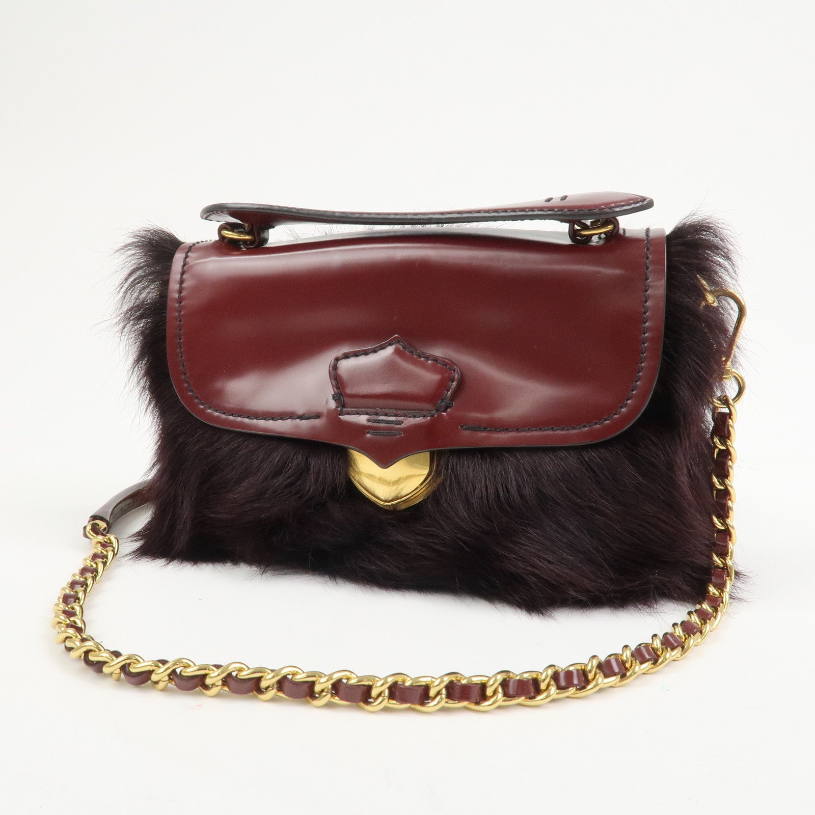 PRADA Leather Fur Chain Shoulder Bag Crossbody Bag Brown BP0368