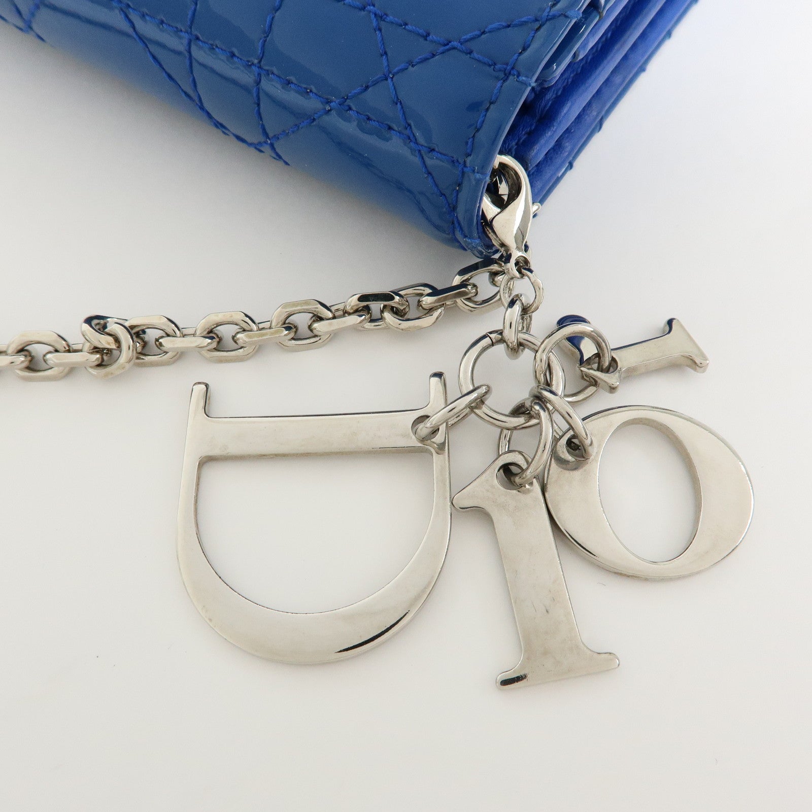 Christian Dior Cannage Patent Leather Chain Wallet WOC Blue Silver