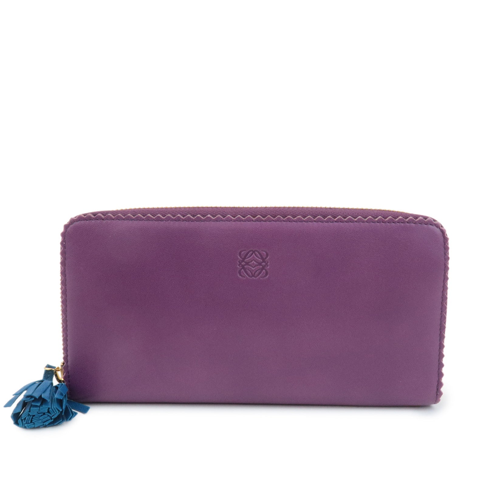 LOEWE Anagram Leather Round Zippy Long Wallet Purple Gold HDW Used