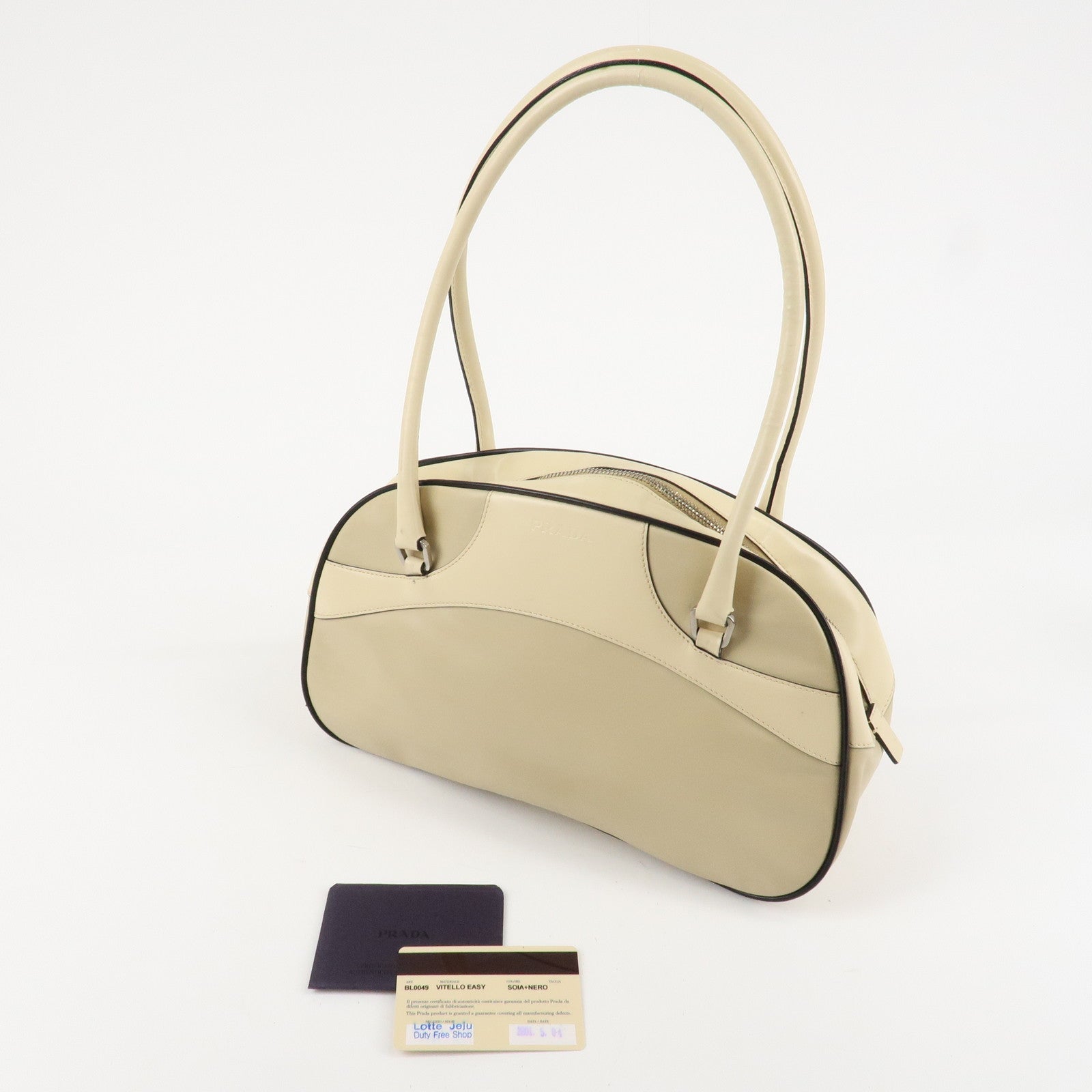 PRADA Leather Bowling Bag Boston Bag Ivory Silver Hardware BL0049 Used