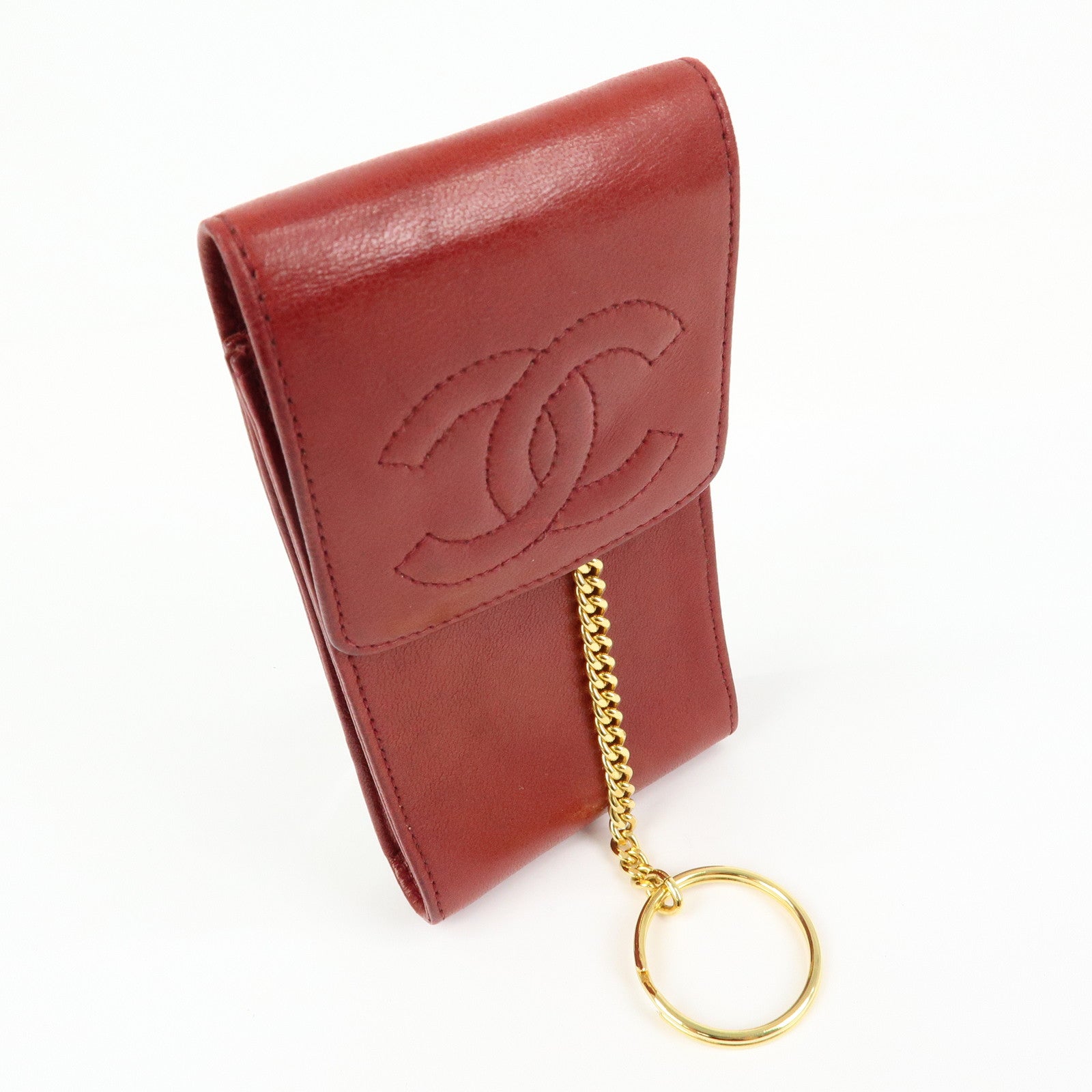 CHANEL COCO Mark Lamb Skin Cigarette Case Key Case Red
