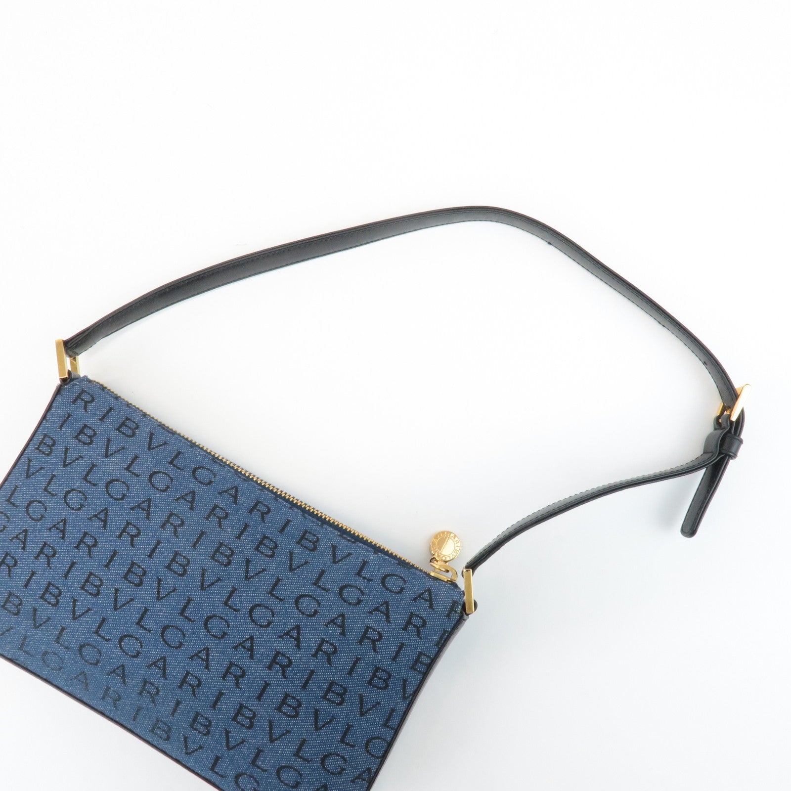 BVLGARI Logo Mania Denim Shoulder Bag Black Navy Blue Used