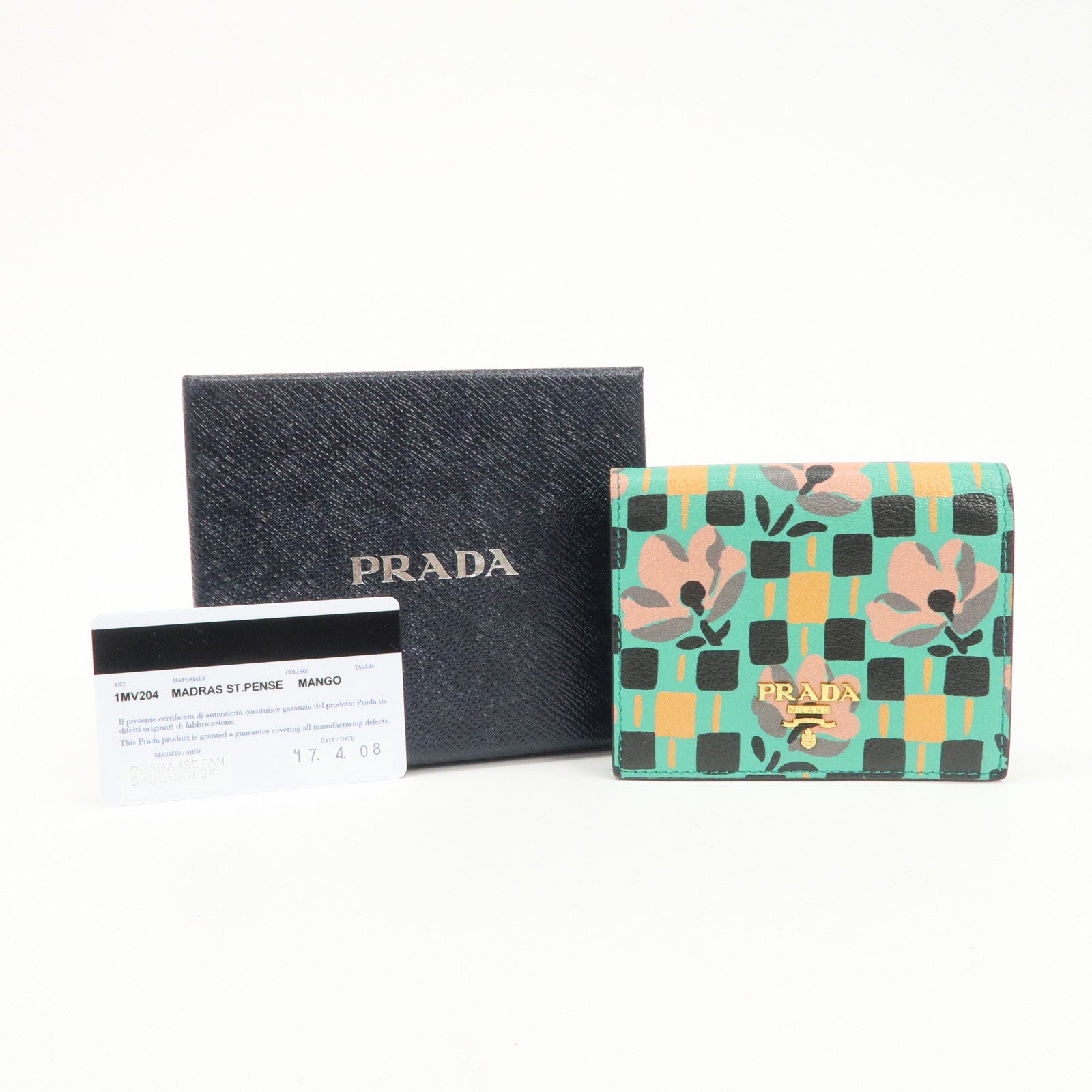 PRADA Leather Compact Wallet Floral Print Green Gold HDW 1MV204 Used