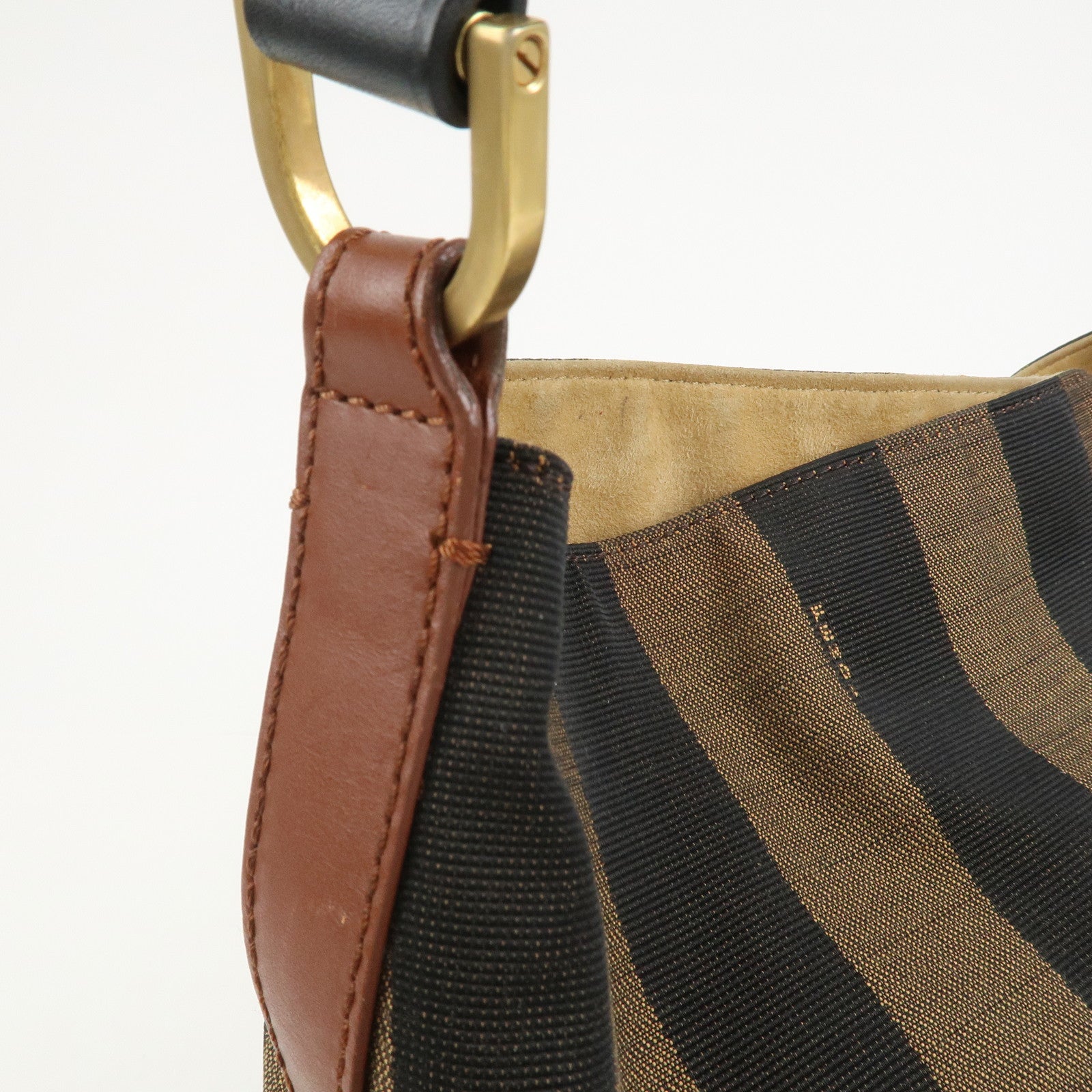 FENDI Pequin Canvas Leather Shoulder Bag Hand Bag Brown 8BR653