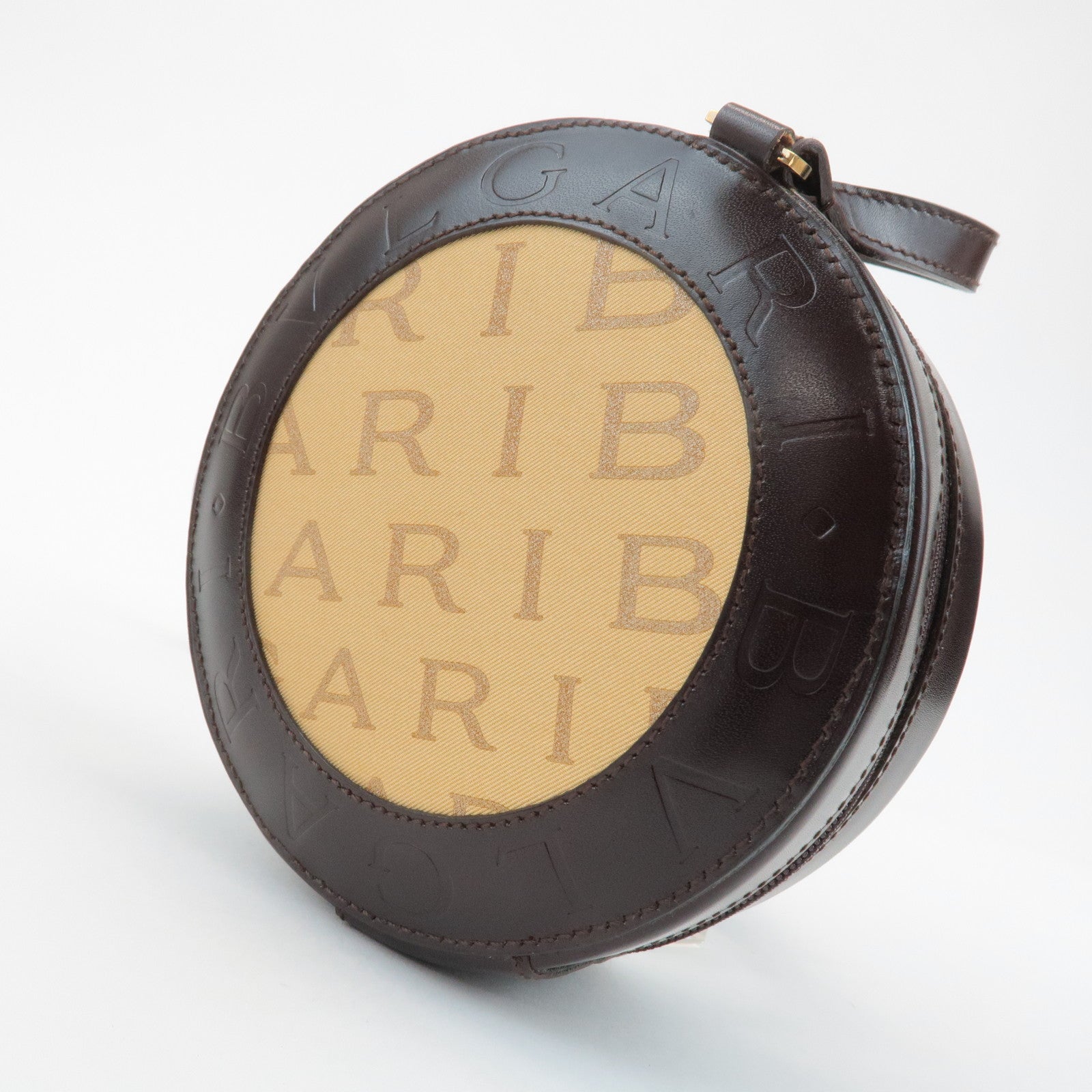 BVLGARI Logo Mania Canvas Leather B-Zero1 Drum Shoulder Bag Brown Used