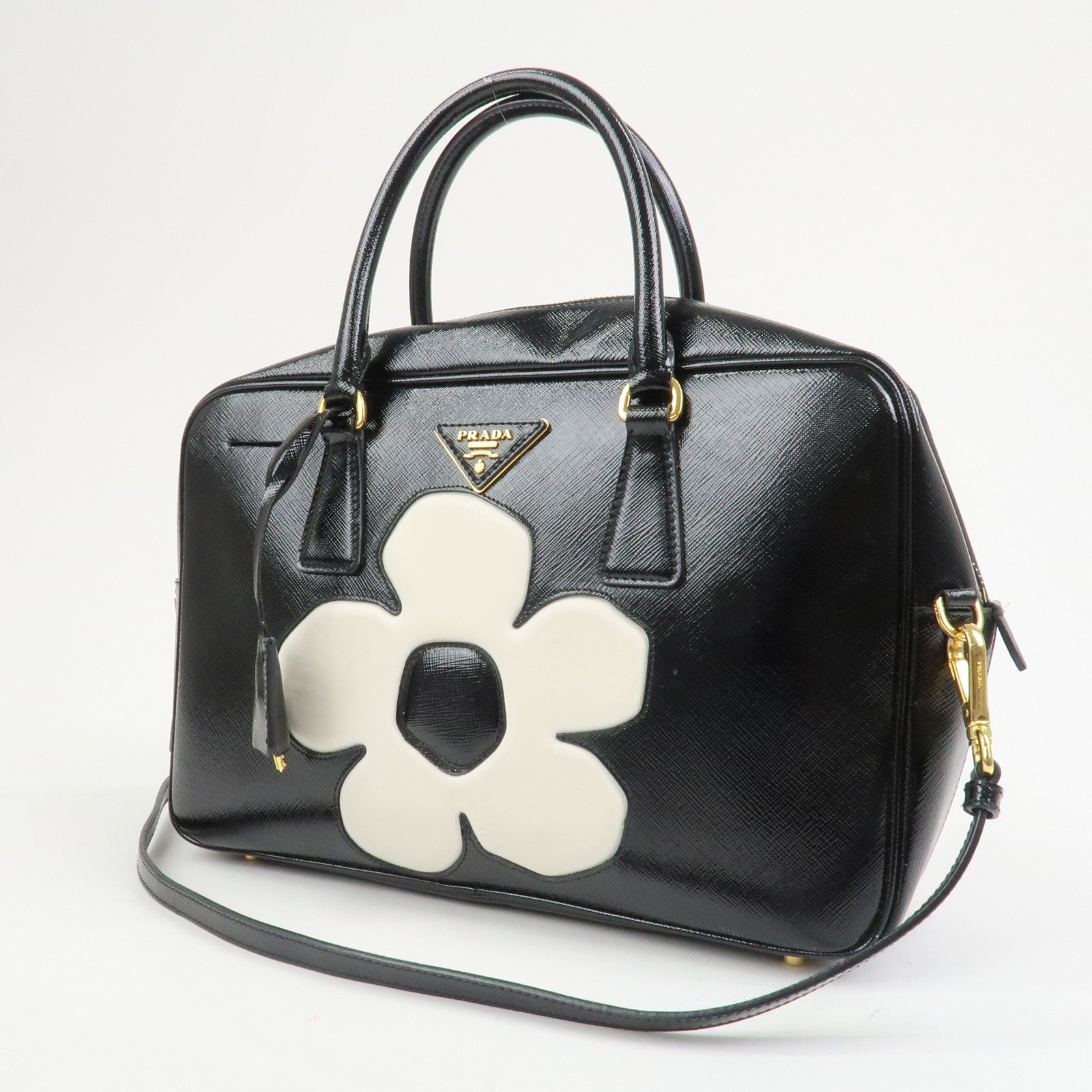 PRADA Flower Saffiano Leather 2Way Bag Hand Bag Black BL095M