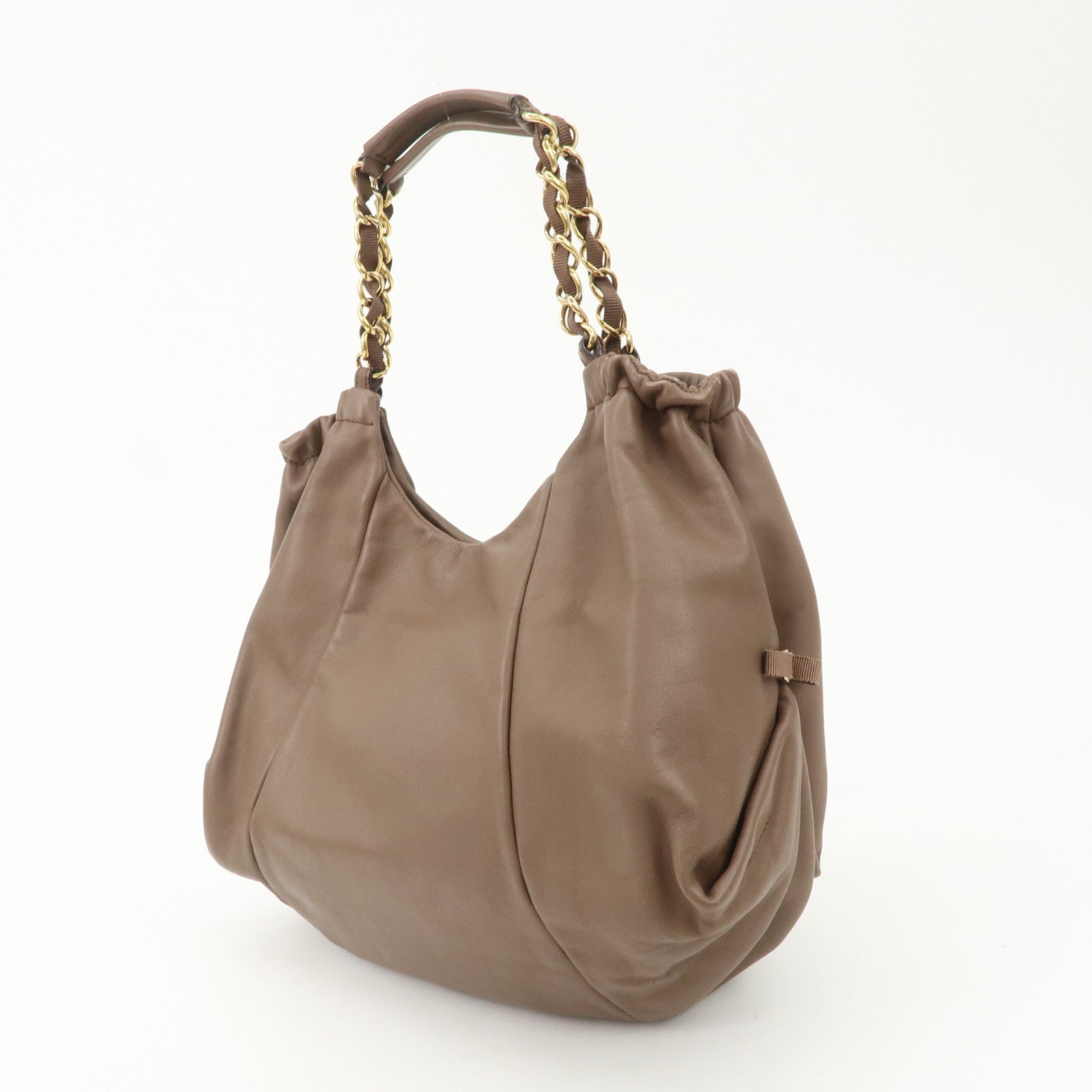 Ferragamo Leather Tote Bag Hand Bag Shouolder Bag Beige Gold HDW