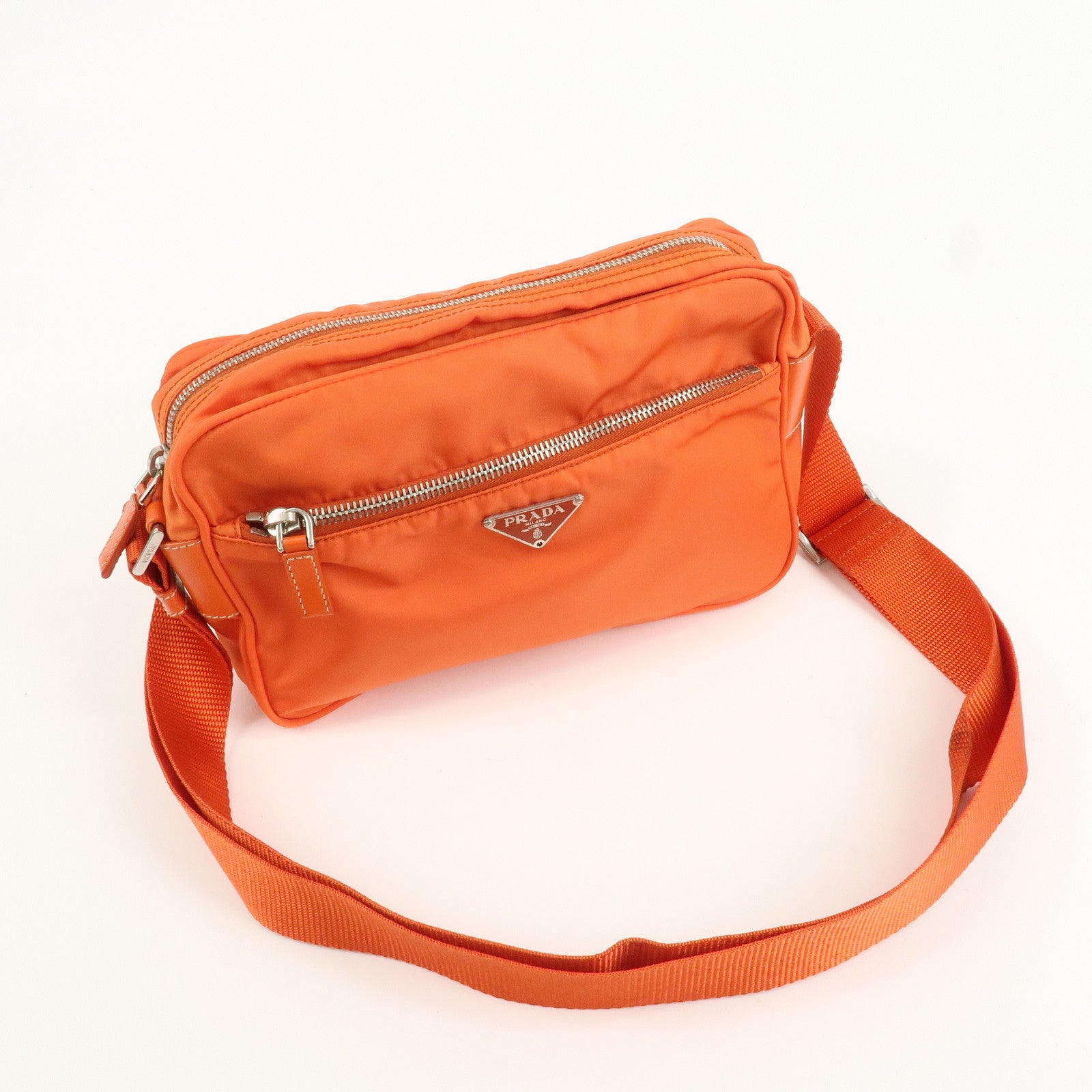 PRADA Triangle Logo Leather Nylon Shoulder Bag Orange Used