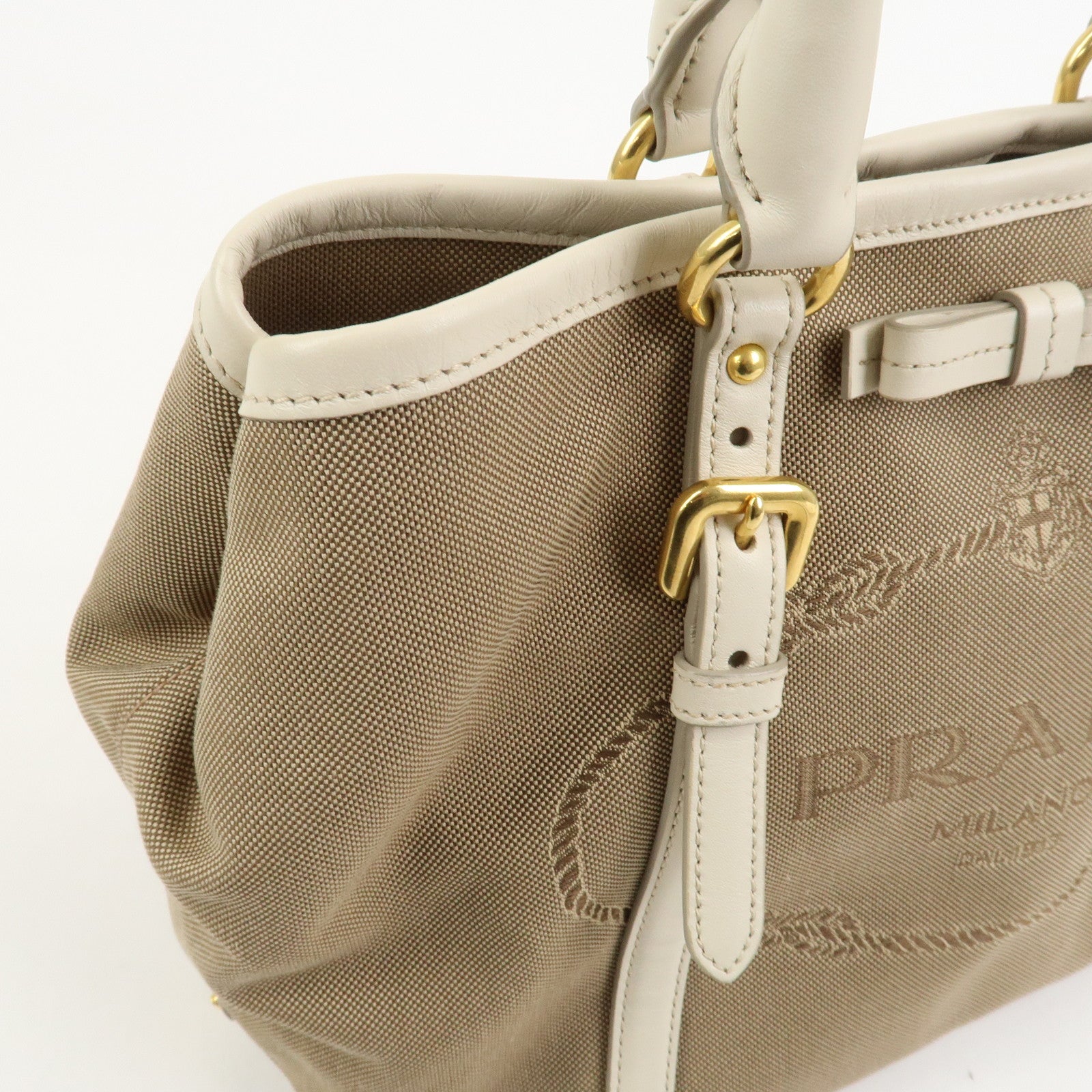 PRADA Logo Jaquard Leather 2Way Hand Bag Shoulder Bag Beige White