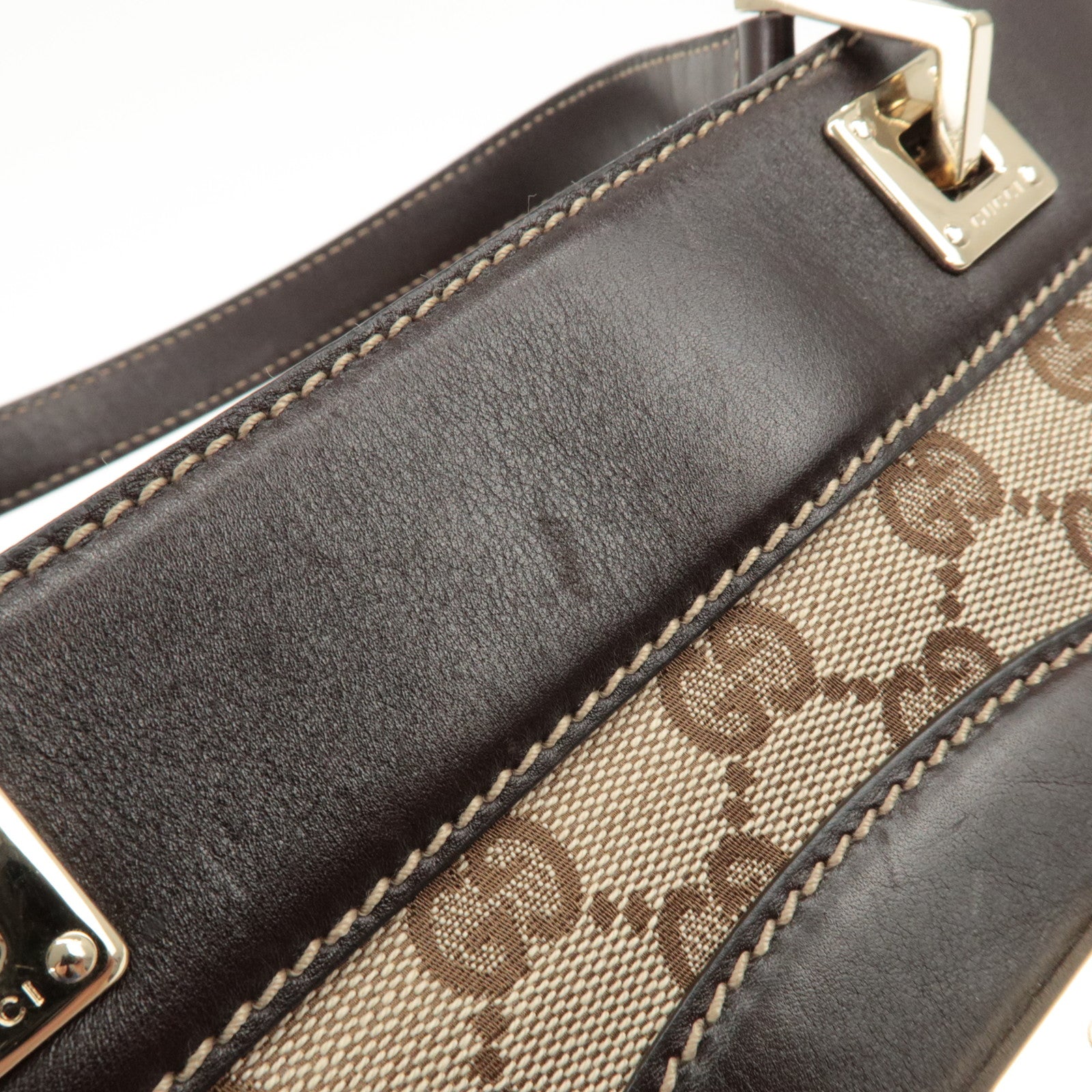 GUCCI GG Canvas Leather Tote Bag Hand Bag Beige Dark Brown 145994 Used