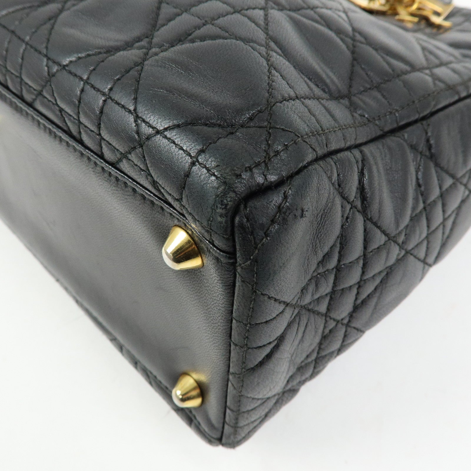 Christian Dior Canage Lady Dior Lamb Skin Hand Bag Black