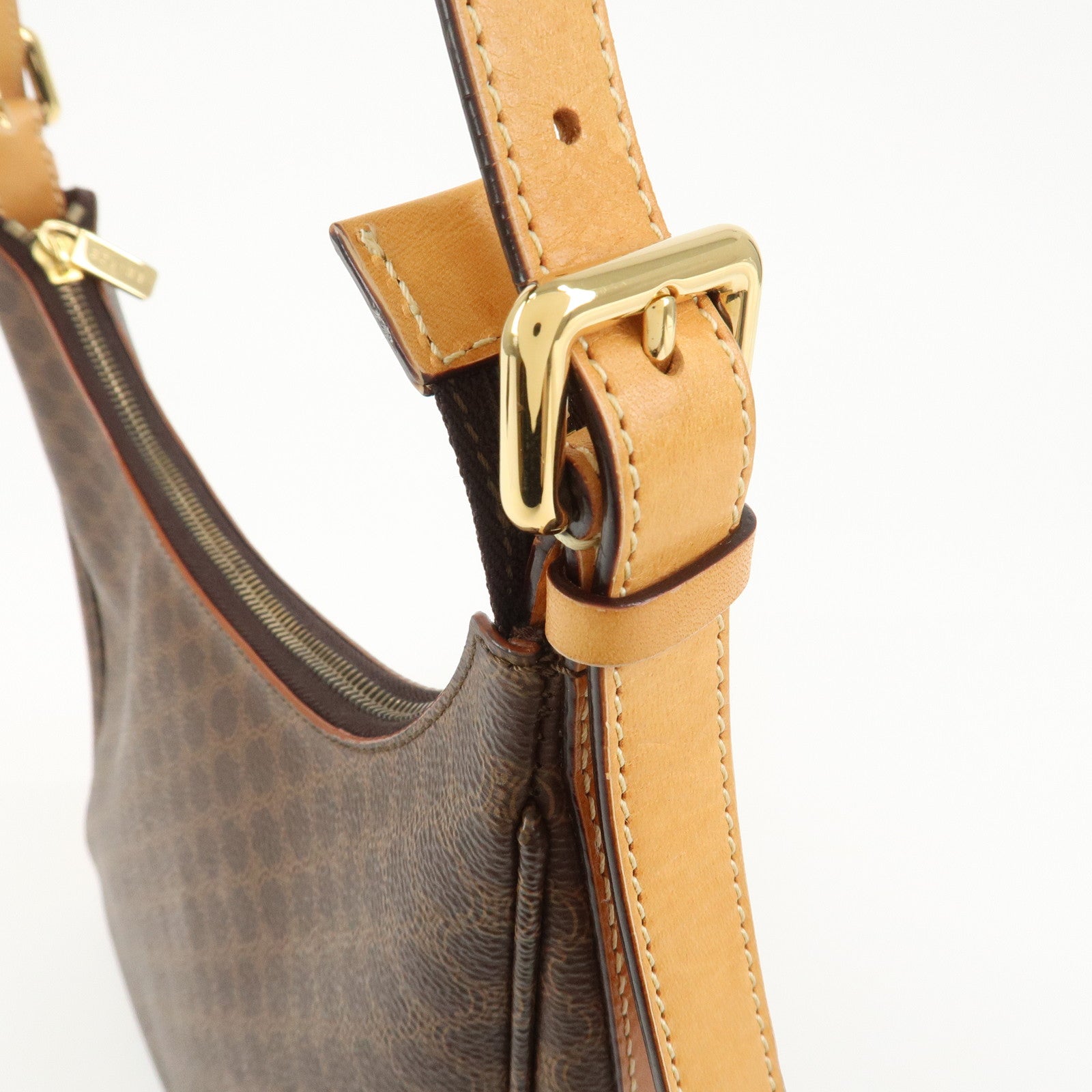 CELINE Macadam PVC Coating Canvas Leather Shoulder Bag Brown