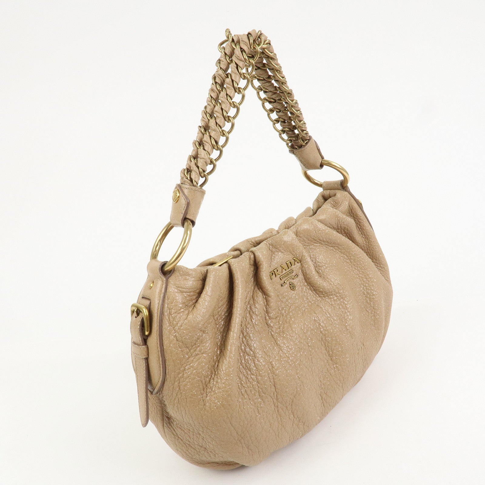 PRADA Logo Leather Chain Shoulder Bag Hand Bag Beige