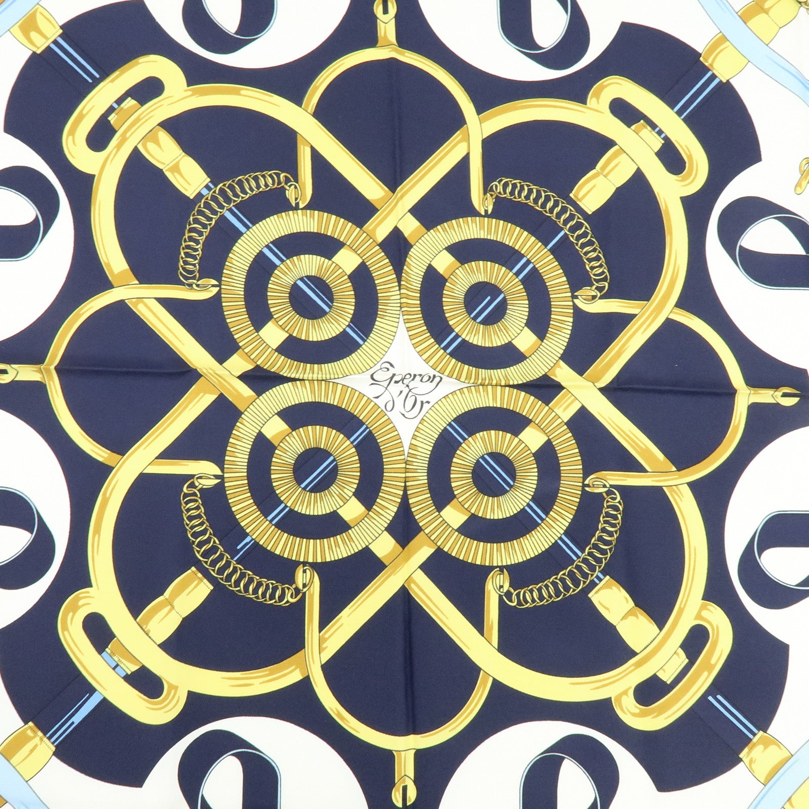 HERMES Carre 90 Silk 100% Scarf Eperon d'or Navy White Yellow Red