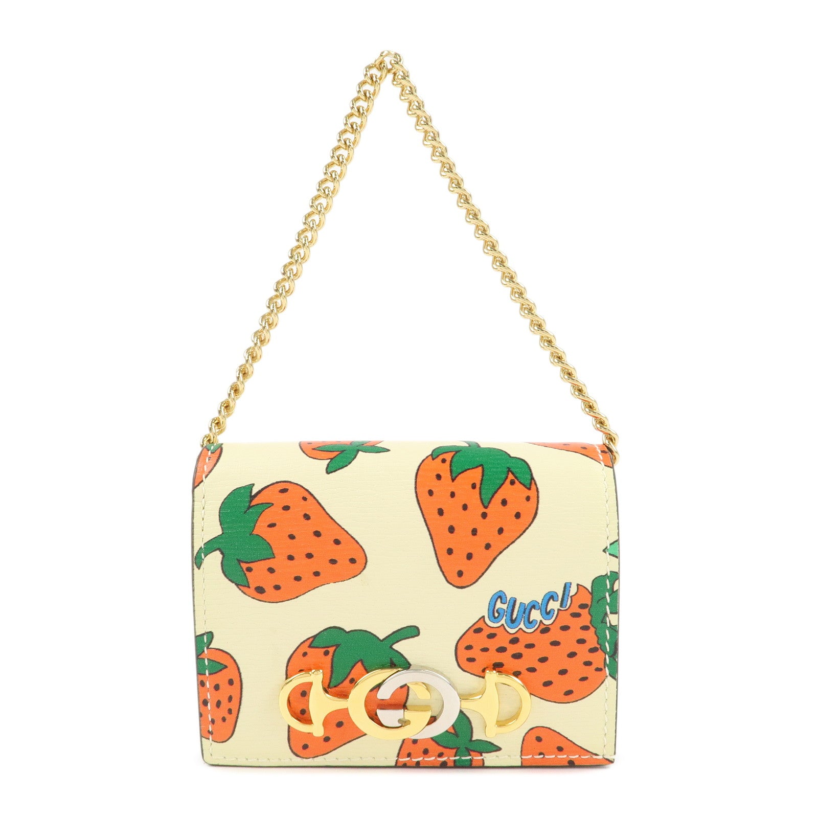 GUCCI Zumi Leather Strawberry Mini Chain Wallet Creme Green Red 570669 Used