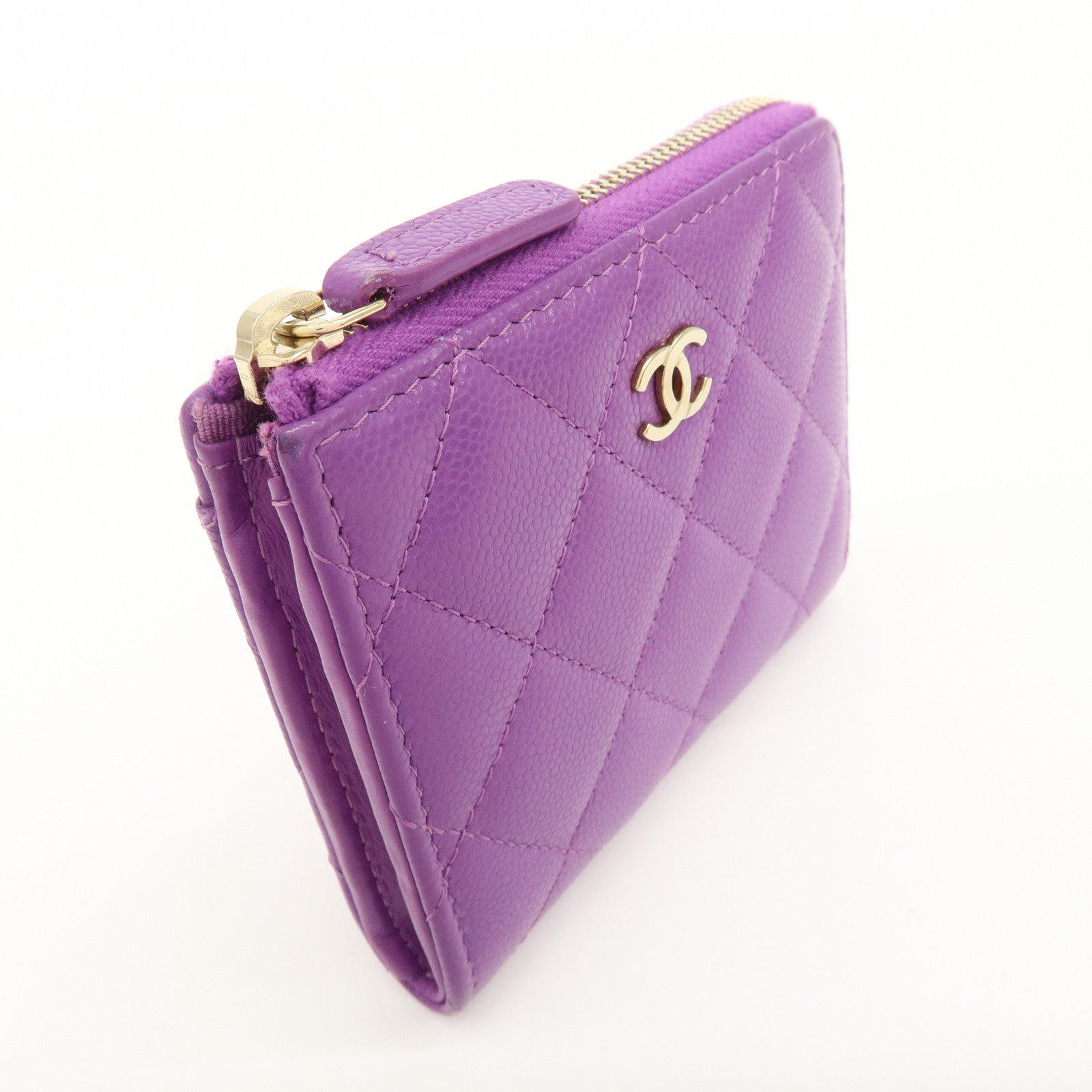 CHANEL Matelasse COCO Mark Caviar Skin Round Zippy Coin Purse Purple Used