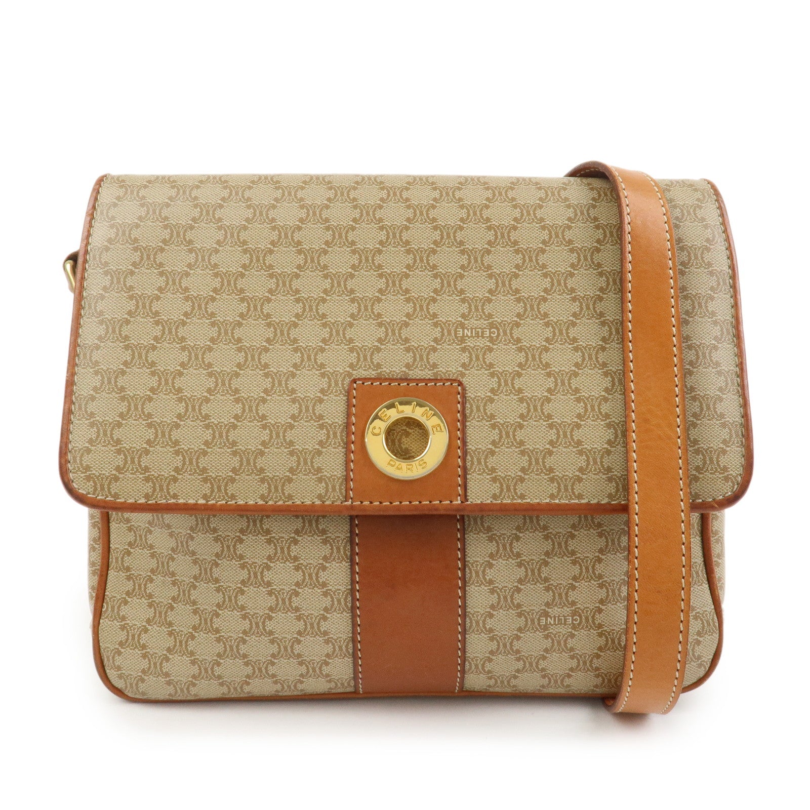 CELINE Macadam PVC Leather Shoulder Bag Crossbody Bag Beige Brown