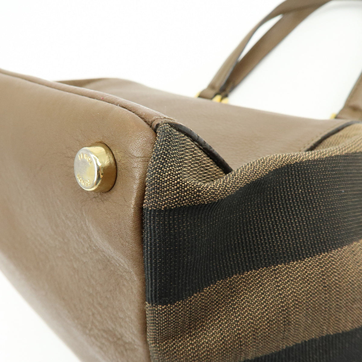 FENDI Pequin Leather Canvas Suede Tote Bag Hand Bag Brown 8BN251