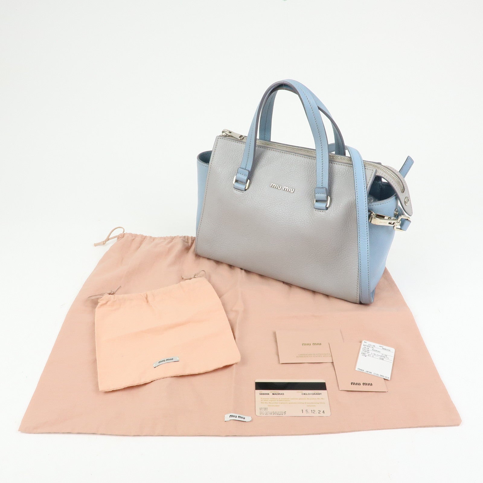 MIU MIU Madras Leather 2Way Bag Hand Bag Gray Light Blue 5BB006