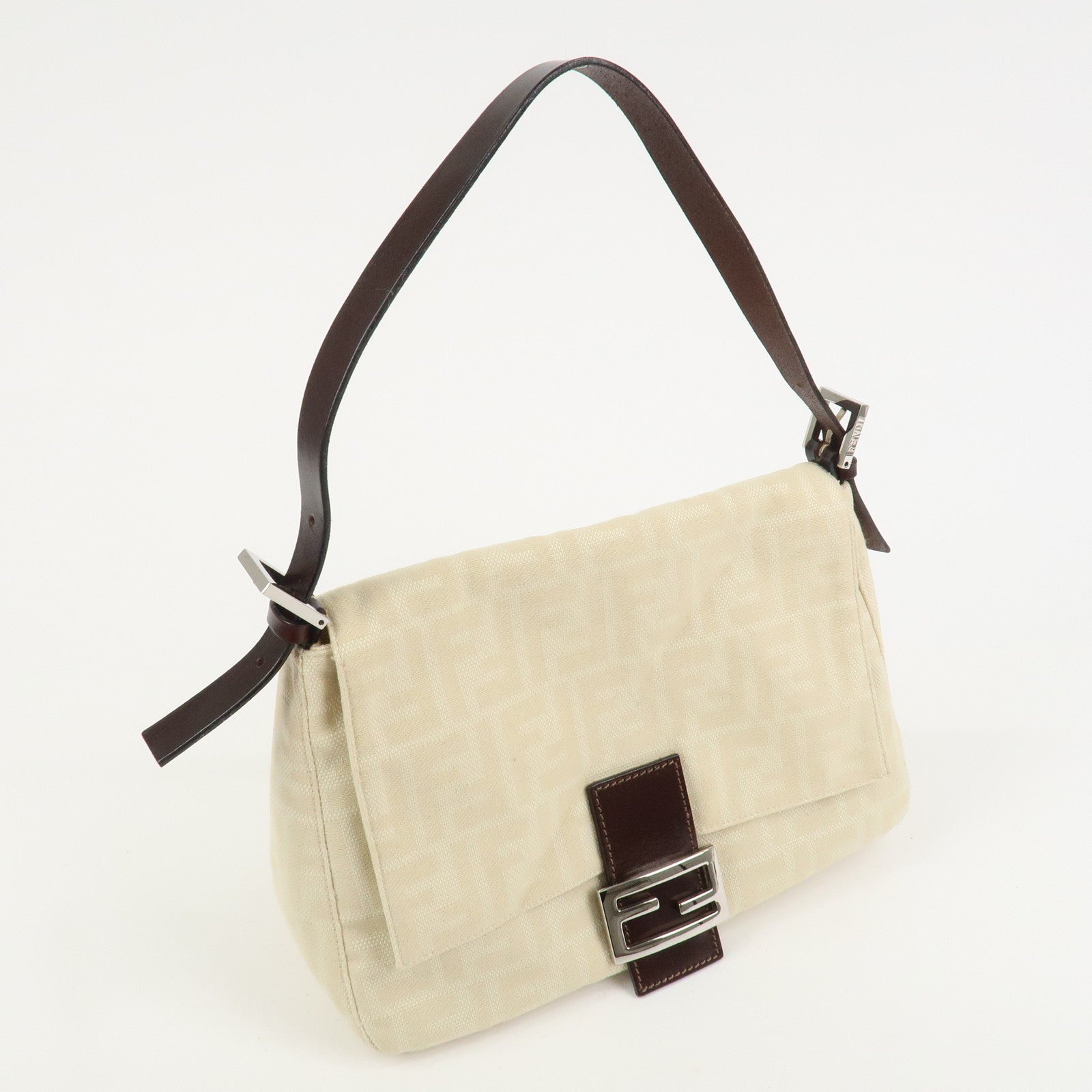 FENDI Mamma Baguette Canvas Leather Shoulder Bag Ivory 26325