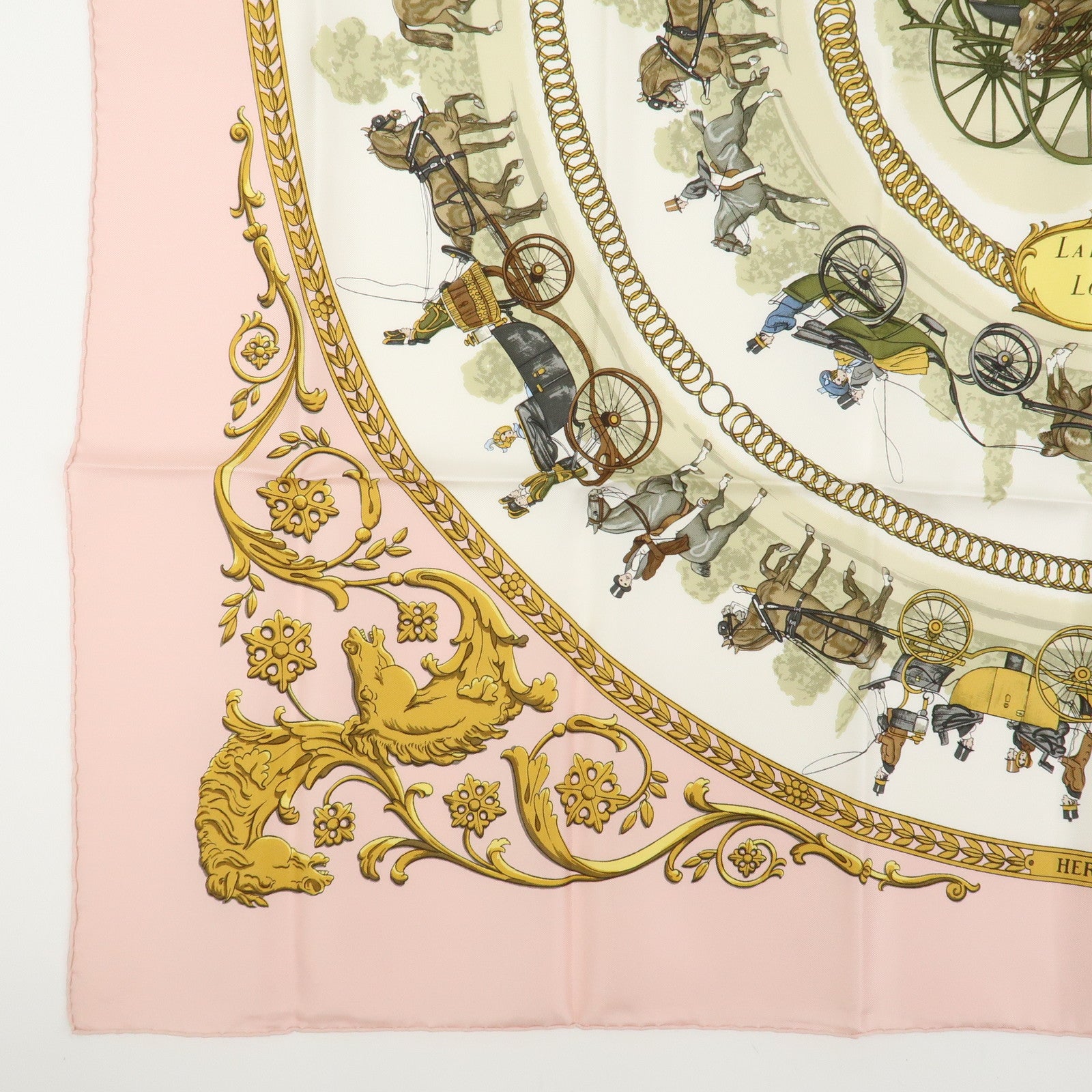 HERMES Carre 90 Silk 100% Scarf LA PROMENADE DE LONGCHAMPS White