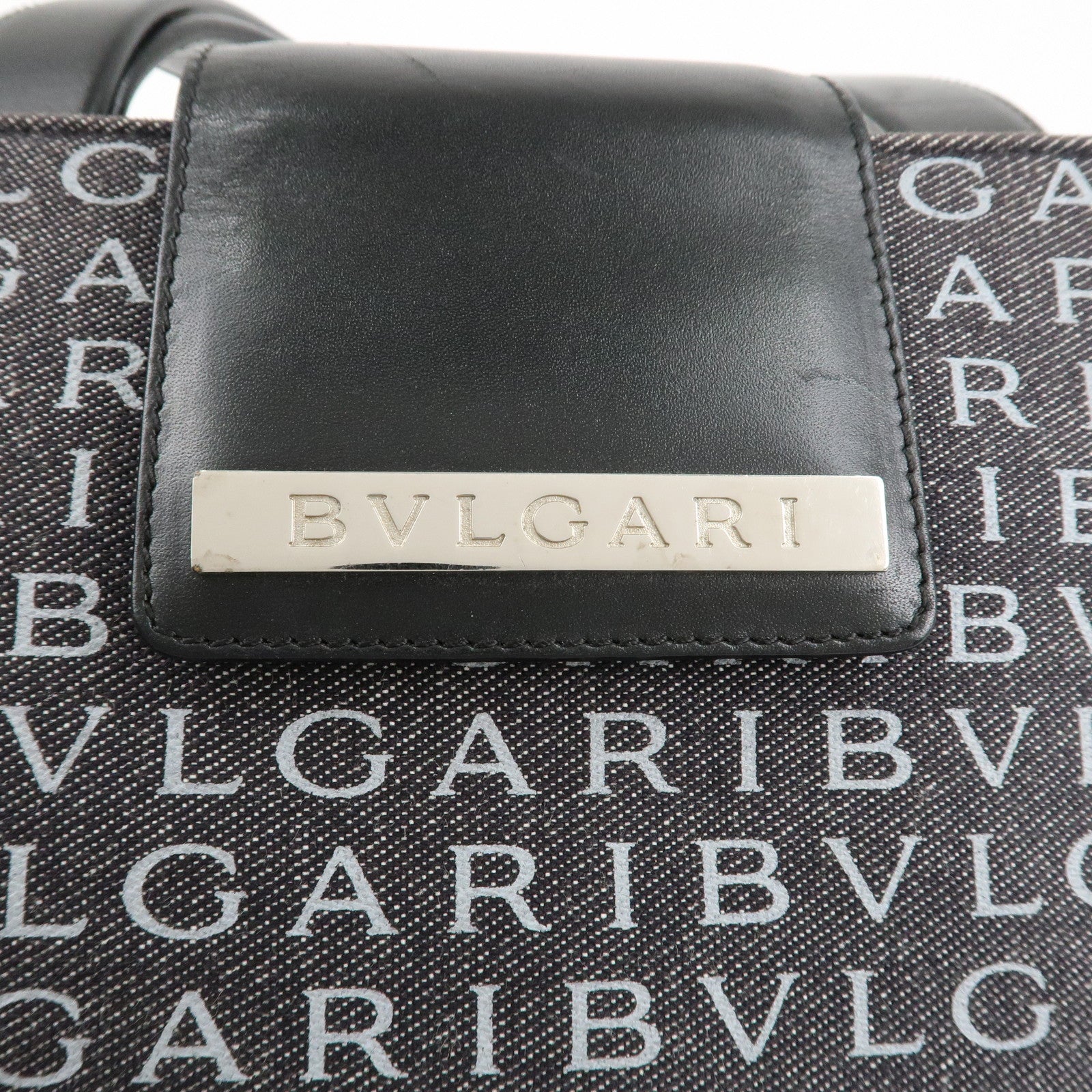 BVLGARI Logo Mania Canvas Leather Tote Bag Shoulder Bag Black Used