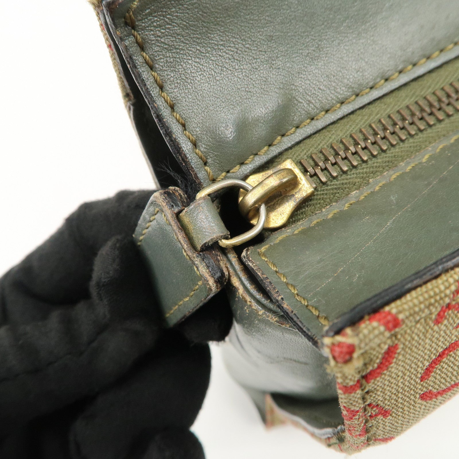 CELINE Macadam Canvas Hand Bag Brown Red Khaki Used