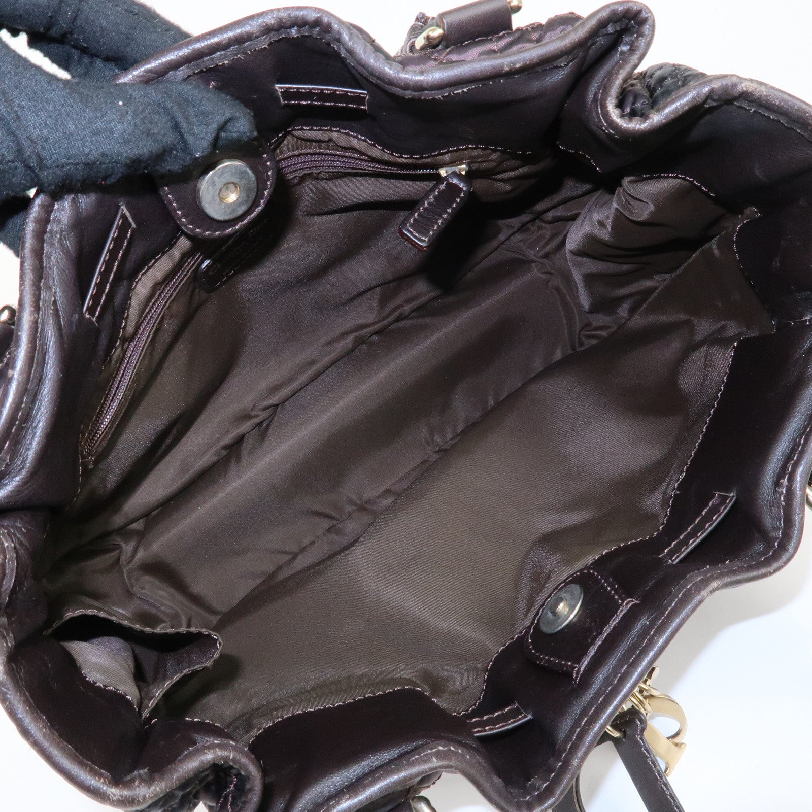 Christian Dior Cannage Nylon Leather Tote Bag Dark Brown Used