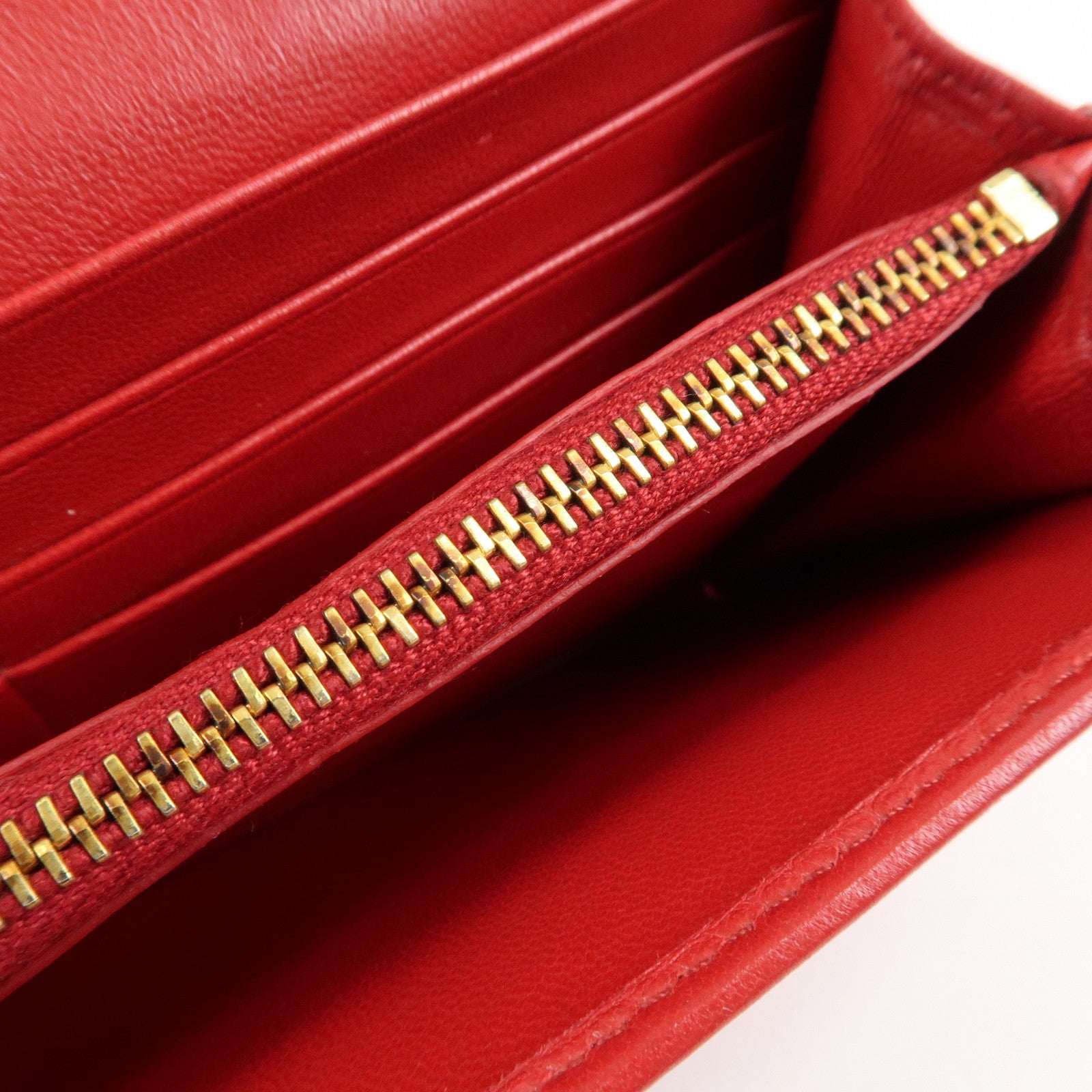 PRADA Logo Leather Bi-Fold Long Wallet Red Gold Hardware Used