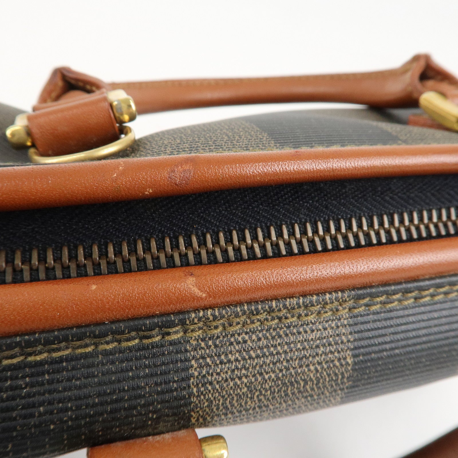 FENDI Pequin PVC Leather Mini Boston Bag Khaki Brown Black Used