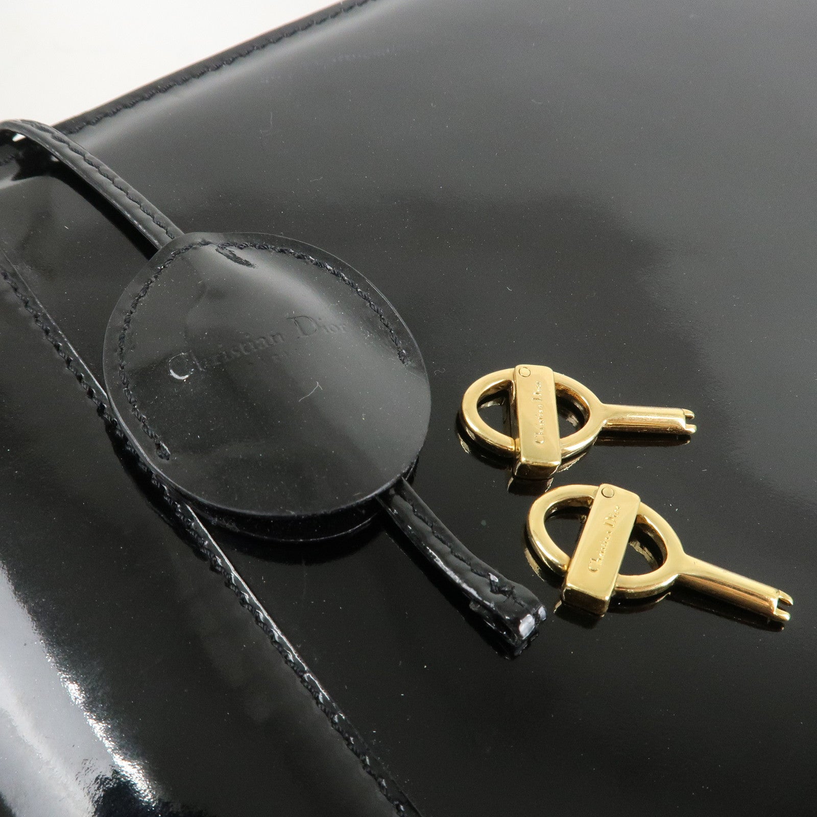 Christian Dior Maris Pearl Patent Leather Tote Bag Black Used