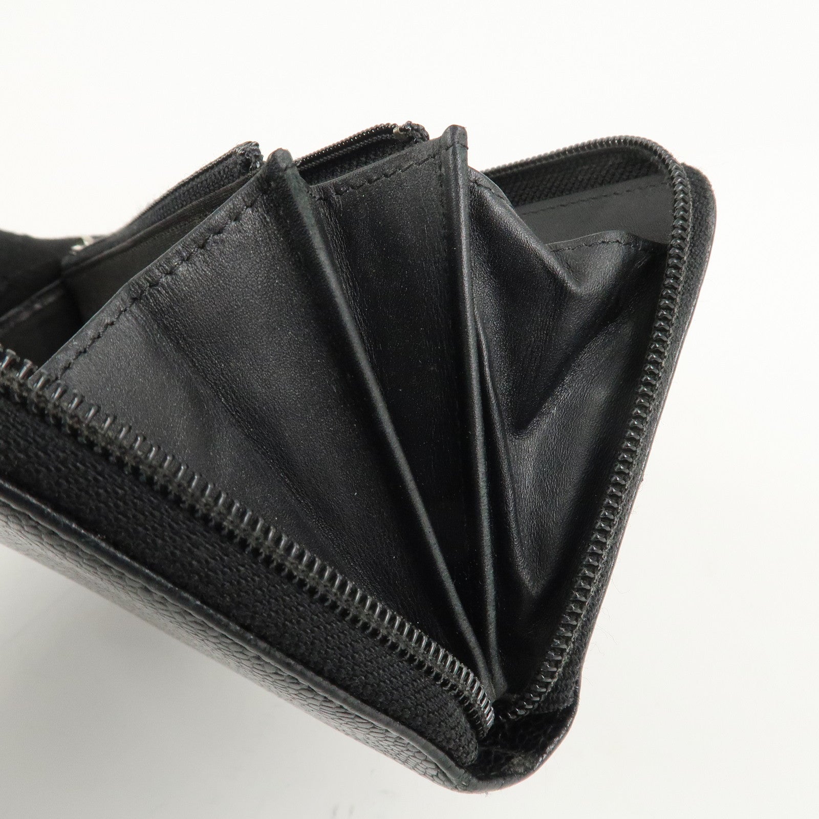 CHANEL Caviar Skin Zip Around Long Wallet Black A50071 Used