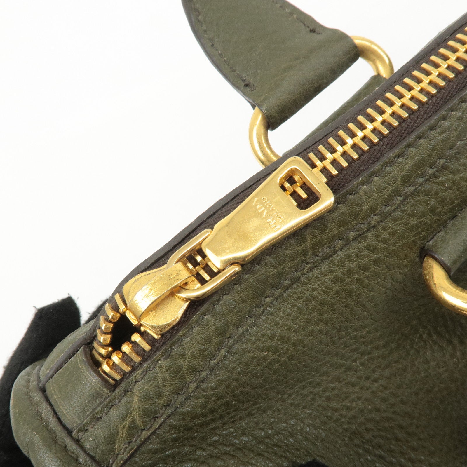 PRADA Leather 2Way Bag Hand Bag Shoulder Bag Khaki BL0805 Used