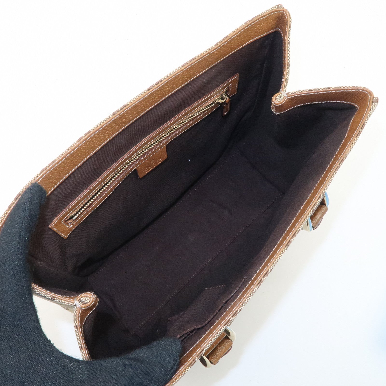 GUCCI GG Canvas Leather Tote Bag Hand Bag Beige Brown 120895 Used