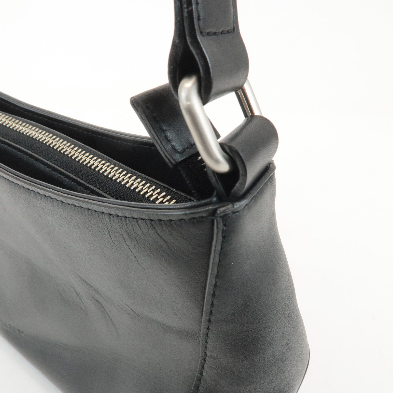 BURBERRY Leather Shoulder Bag Hand Bag Black Silver Hardware Used