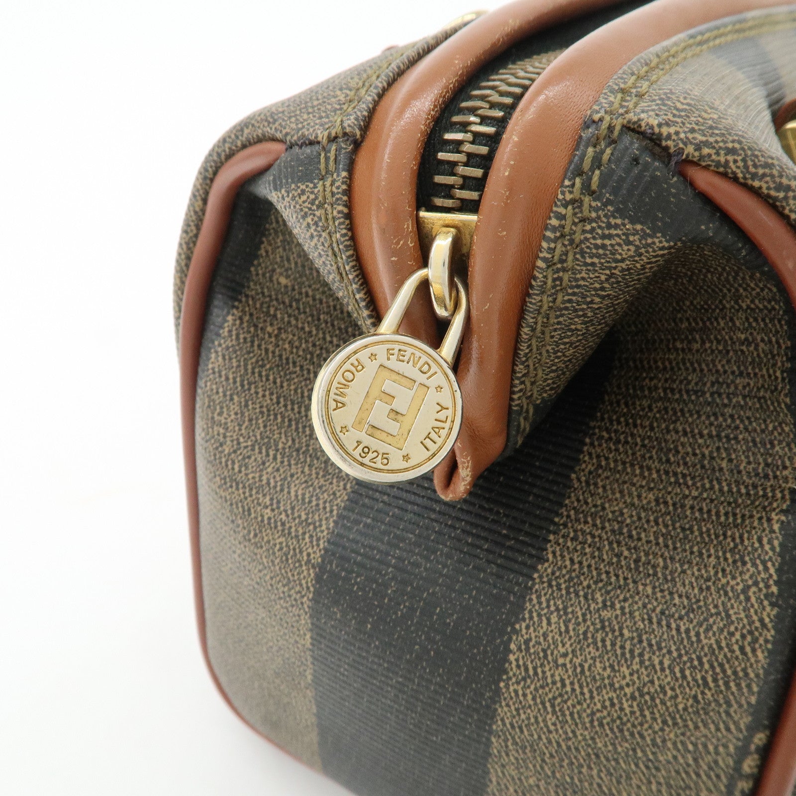 FENDI Pequin PVC Leather Hand Bag Brown Black 259021 Used