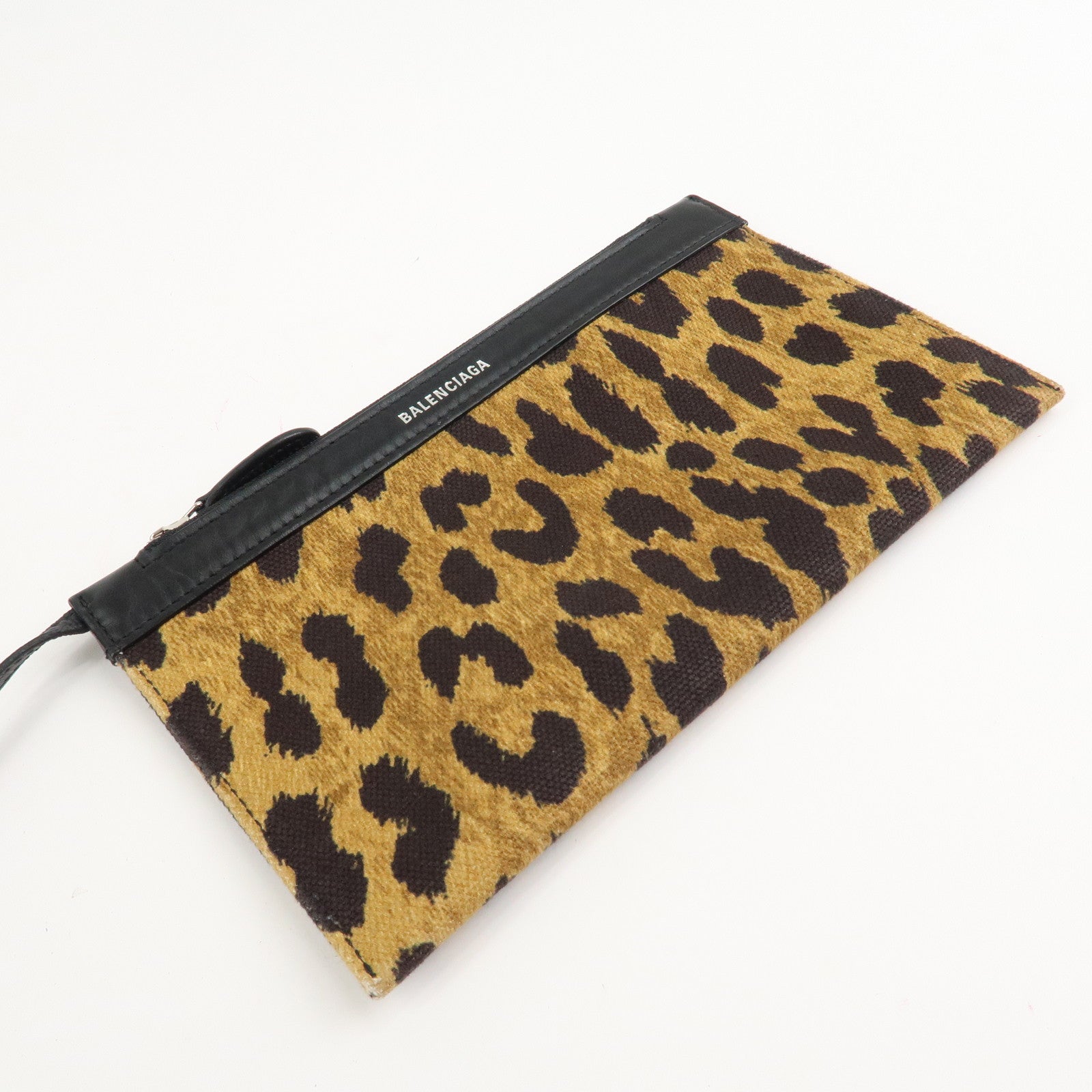 BALENCIAGA Navy Cabas S Canvas Leather Tote Bag Leopard 339933 Used