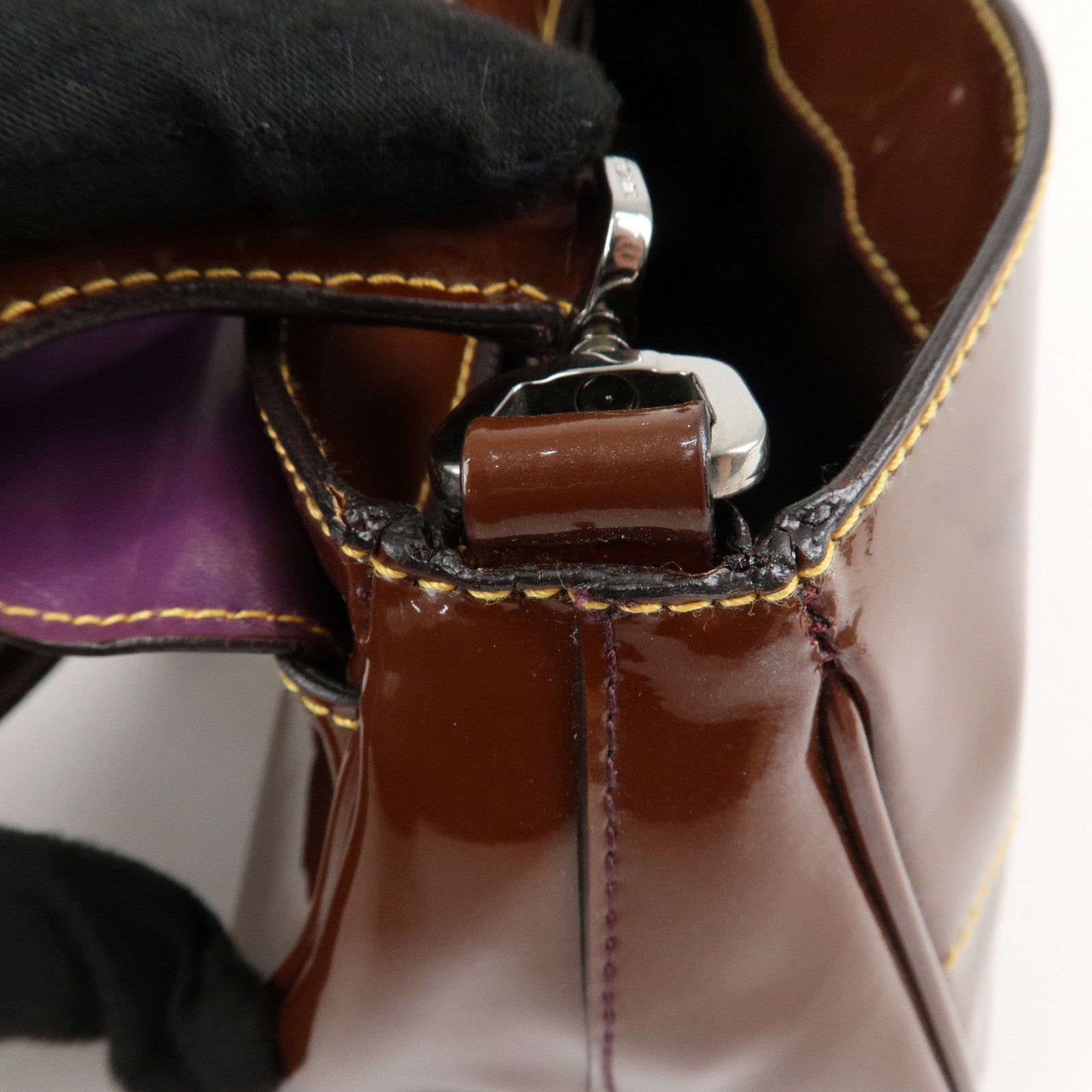 PRADA Patent Leather Shoulder Bag Brown Used