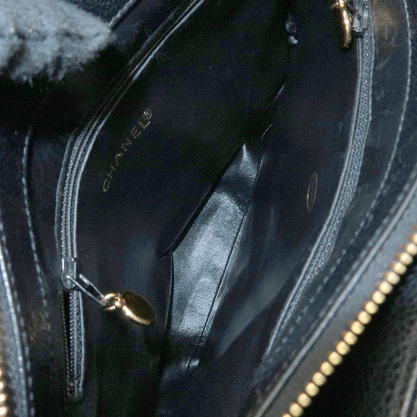 CHANEL Caviar Skin Chain Tote Bag Shoulder Bag Black Gold