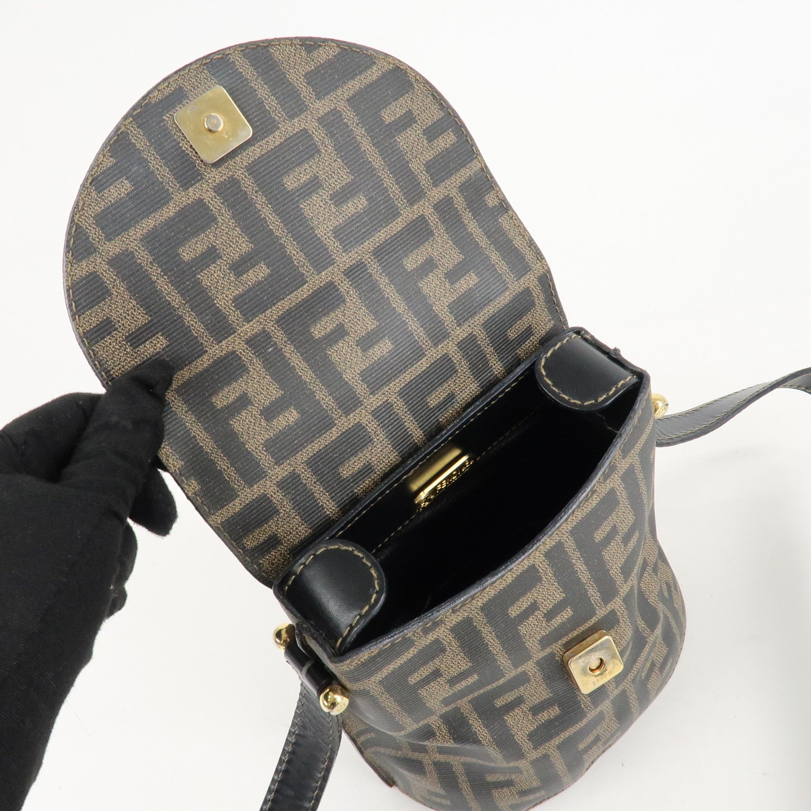 FENDI Zucca Logo Print PVC Leather Shoulder Bag Black Brown Used