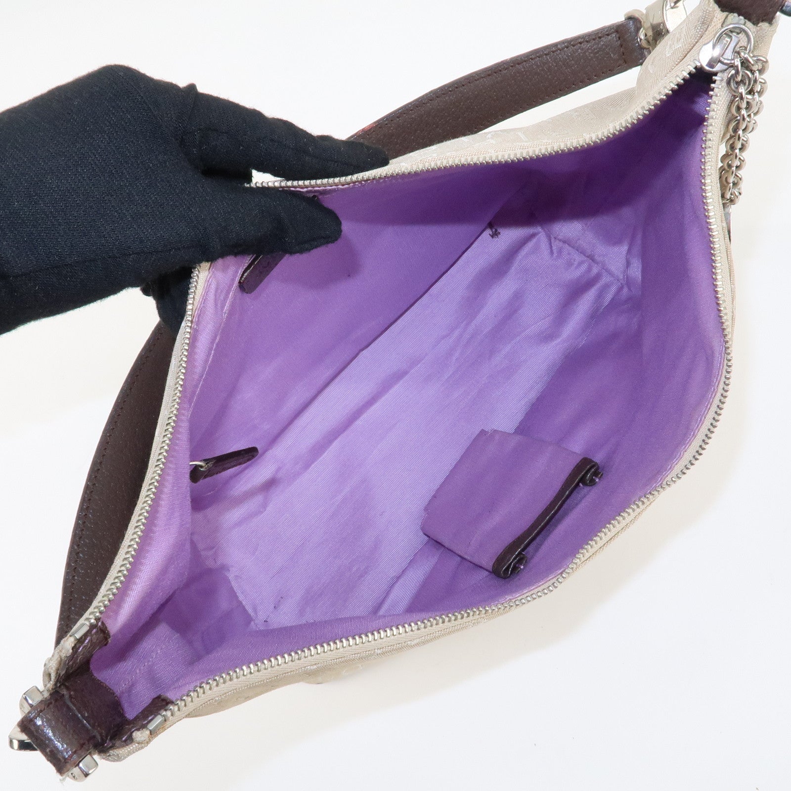 BVLGARI Logomania Canvas Leather Shoulder Bag Beige Dark Brown Used