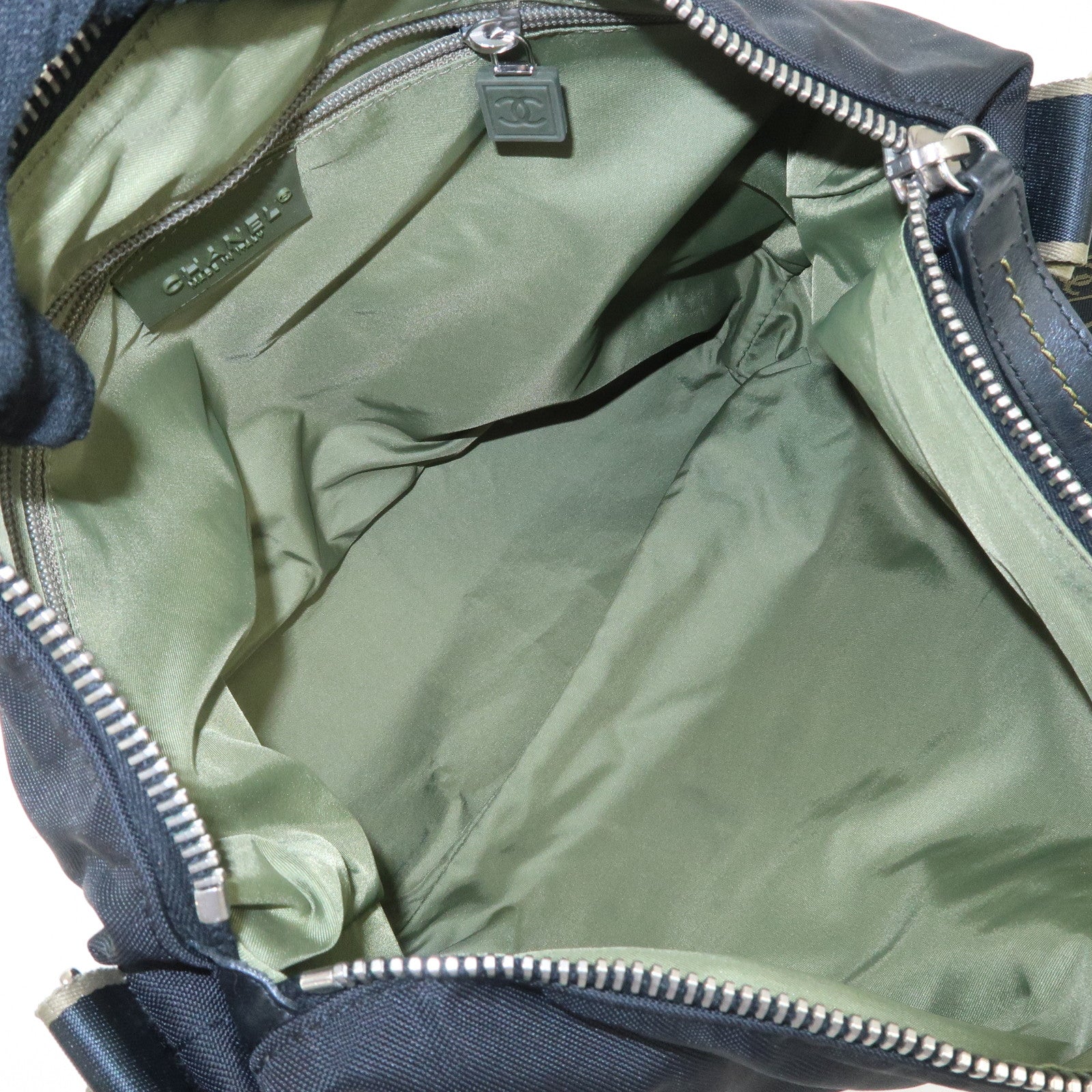 CHANEL Sports Nylon COCO Mark Shoulder Bag Black Khaki Used