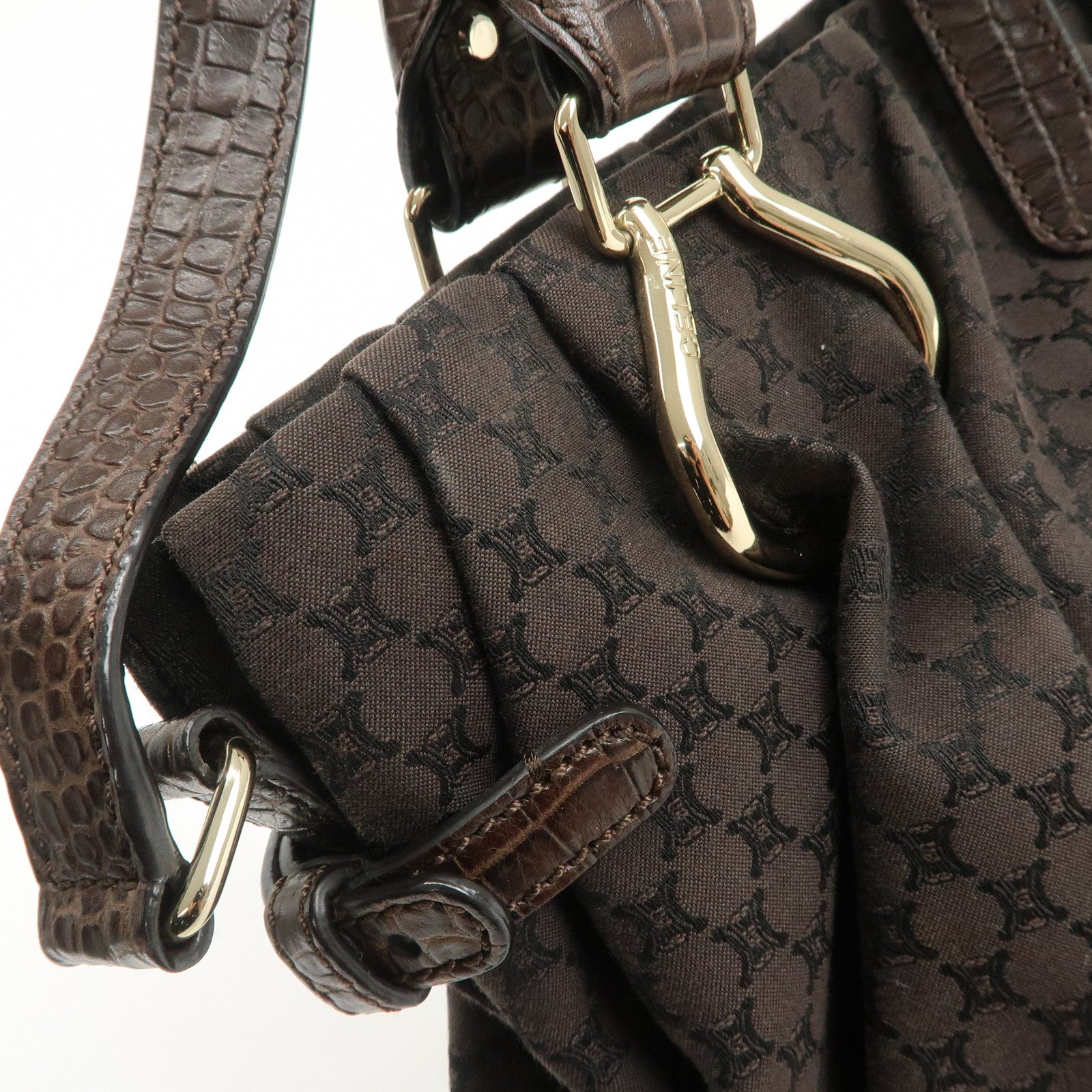 CELINE Macadam Canvas Leather 2Way Bag Gold Charm Dark Brown Used