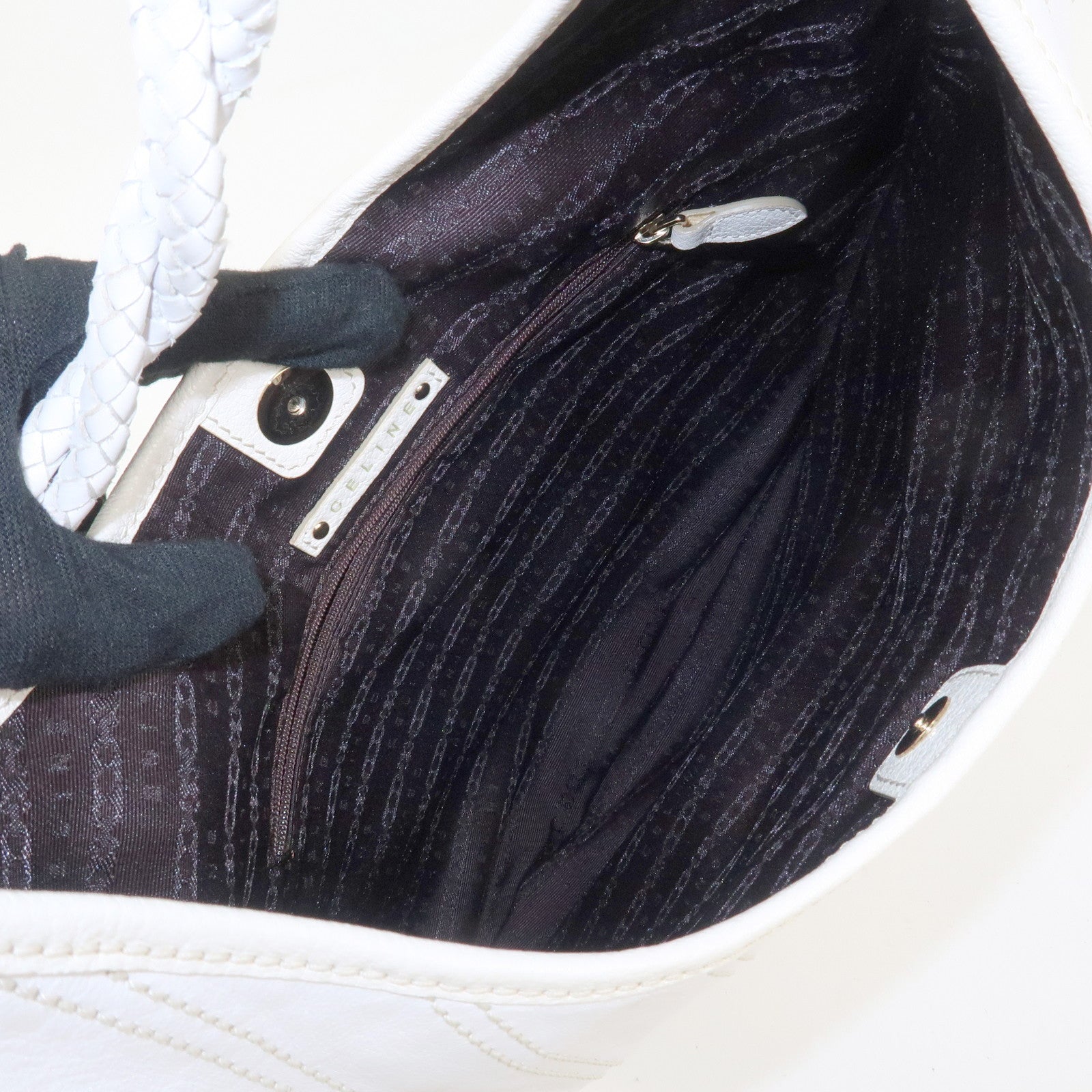 CELINE Leather Shoulder Bag White Gold Hardware Used