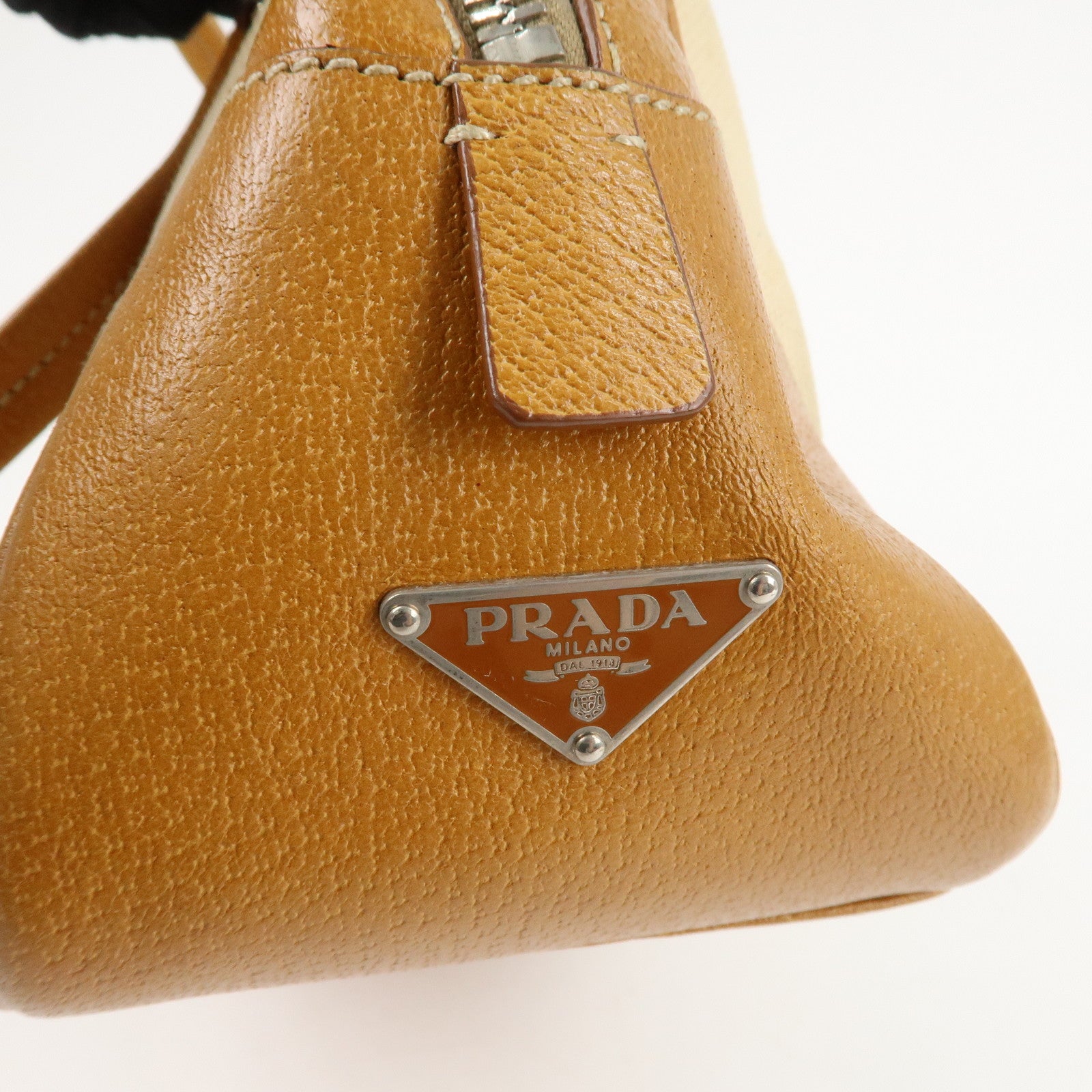 PRADA Canvas Leather Triangle Logo Boston Bag Ivory Brown Used