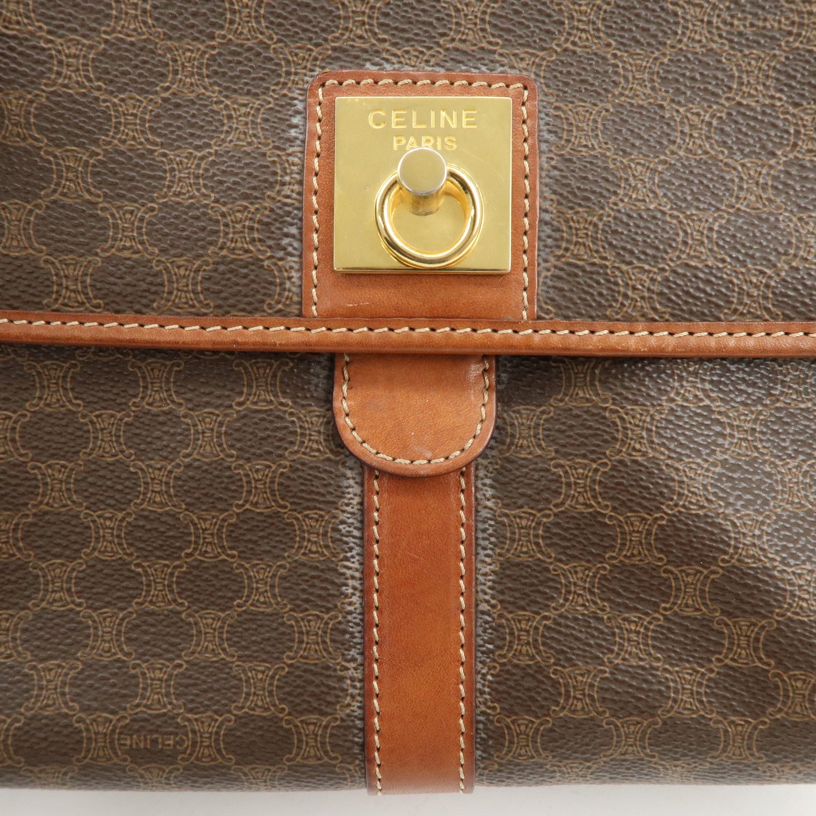 CELINE Macadam PVC Leather Shoulder Bag Brown Gold Hardware Used