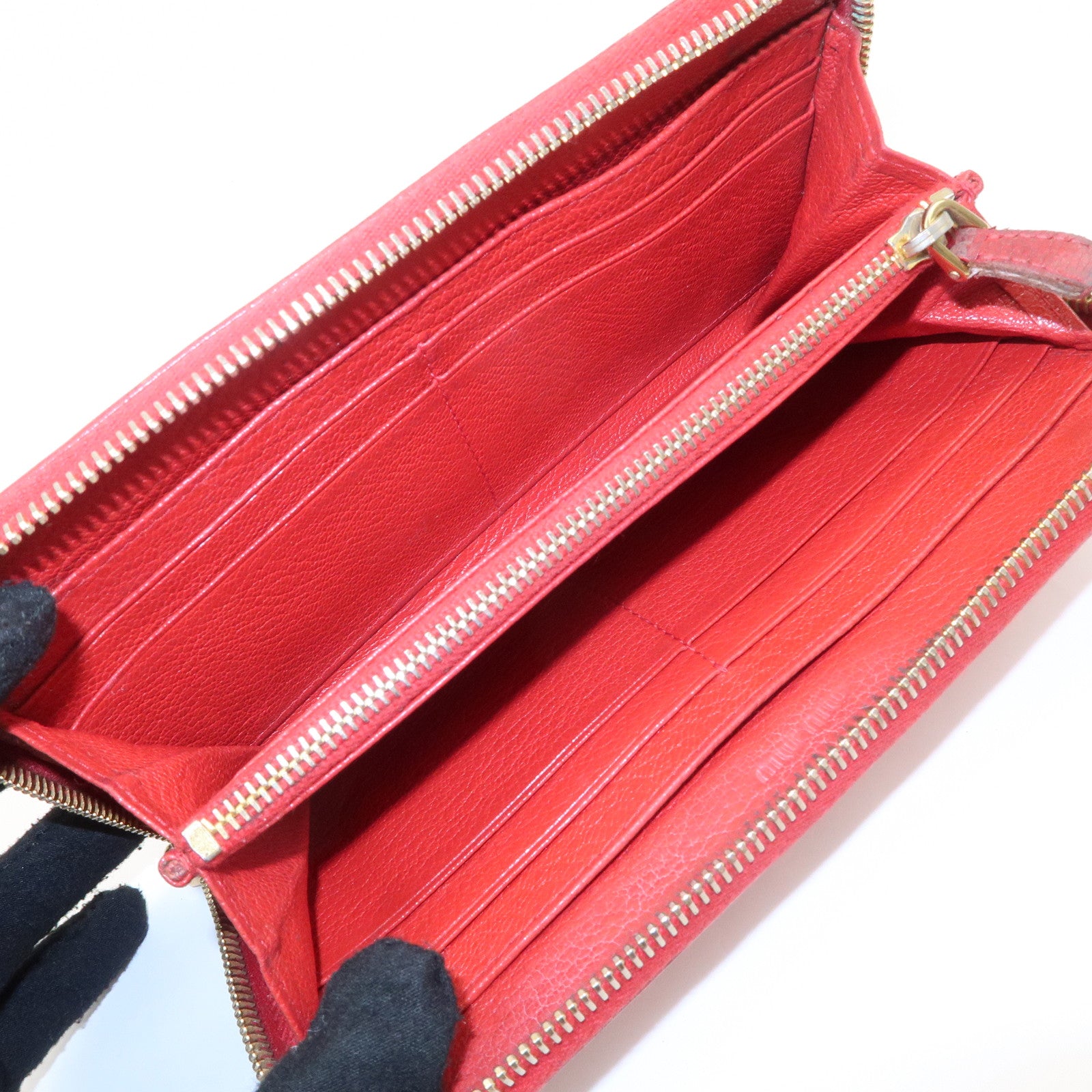 MIU MIU Leather Round Zipper Long Wallet Bijou Studs Red Used