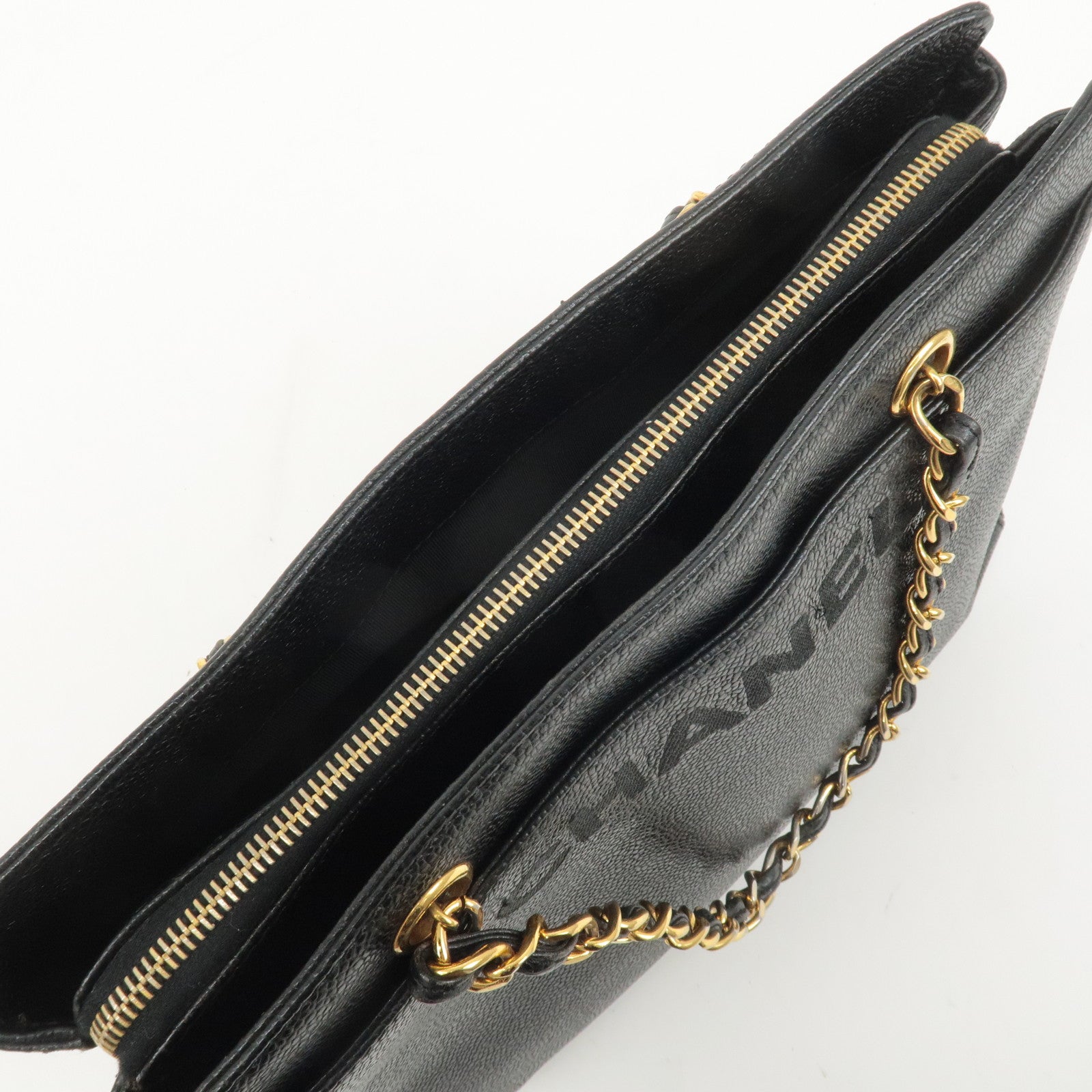 CHANEL Caviar Skin Chain Tote Bag Black Gold Used