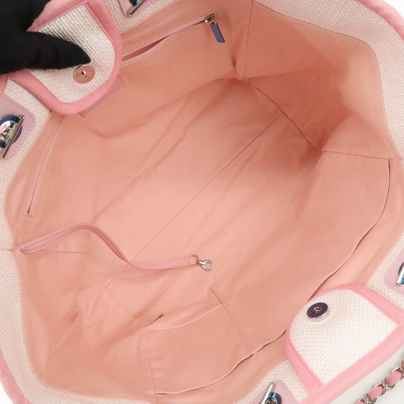 CHANEL Deauville Raffia Leather Chain Tote Bag GM Pink A66941 Used